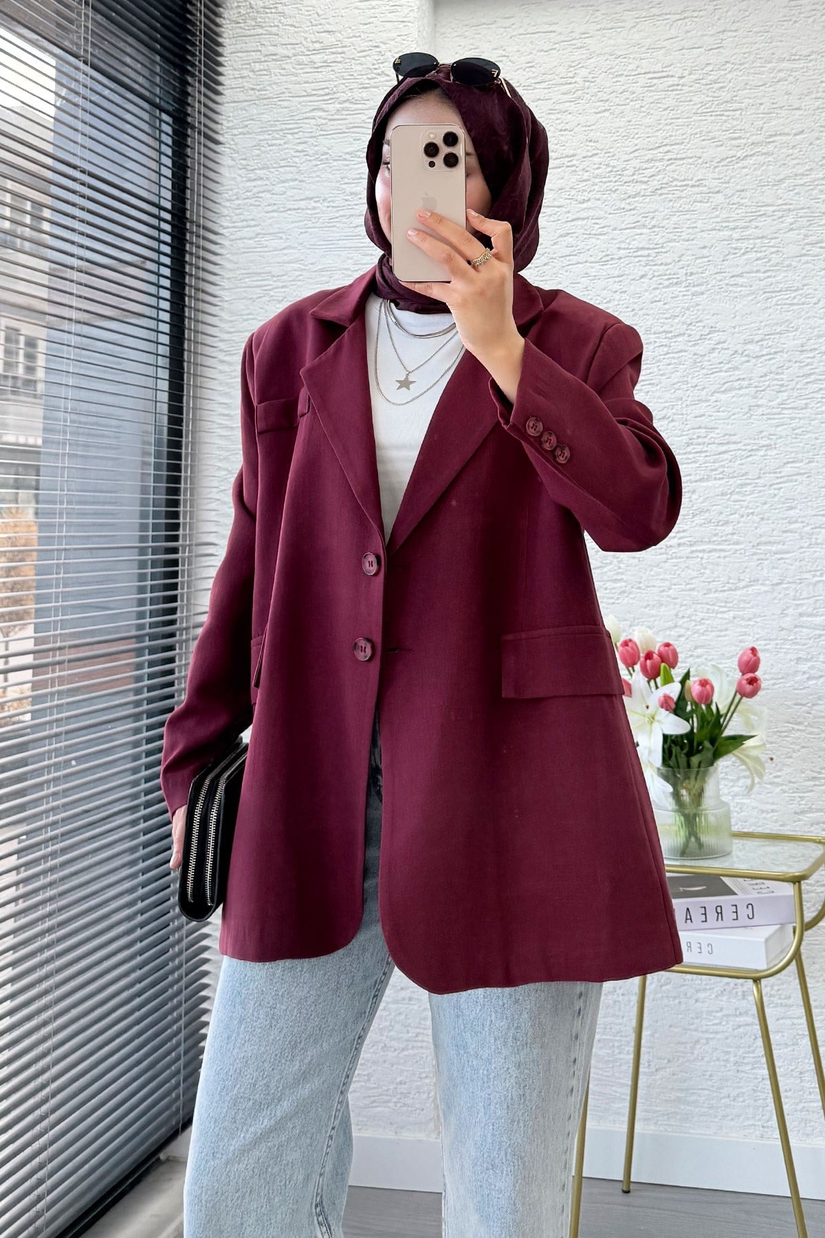 İki Düğmeli Keten Blazer Kadın Ceket - Bordo