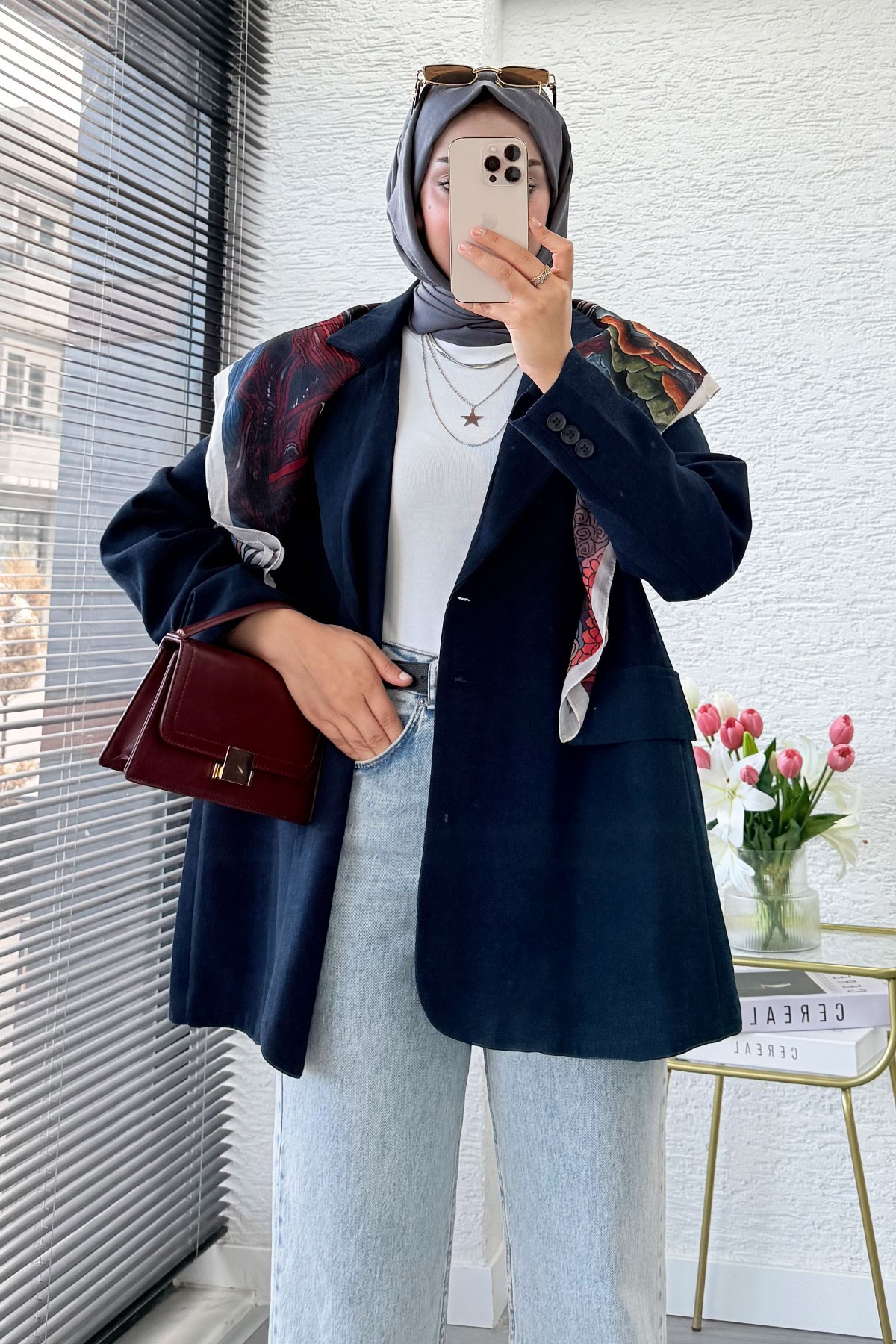 İki Düğmeli Keten Blazer Kadın Ceket - Lacivert