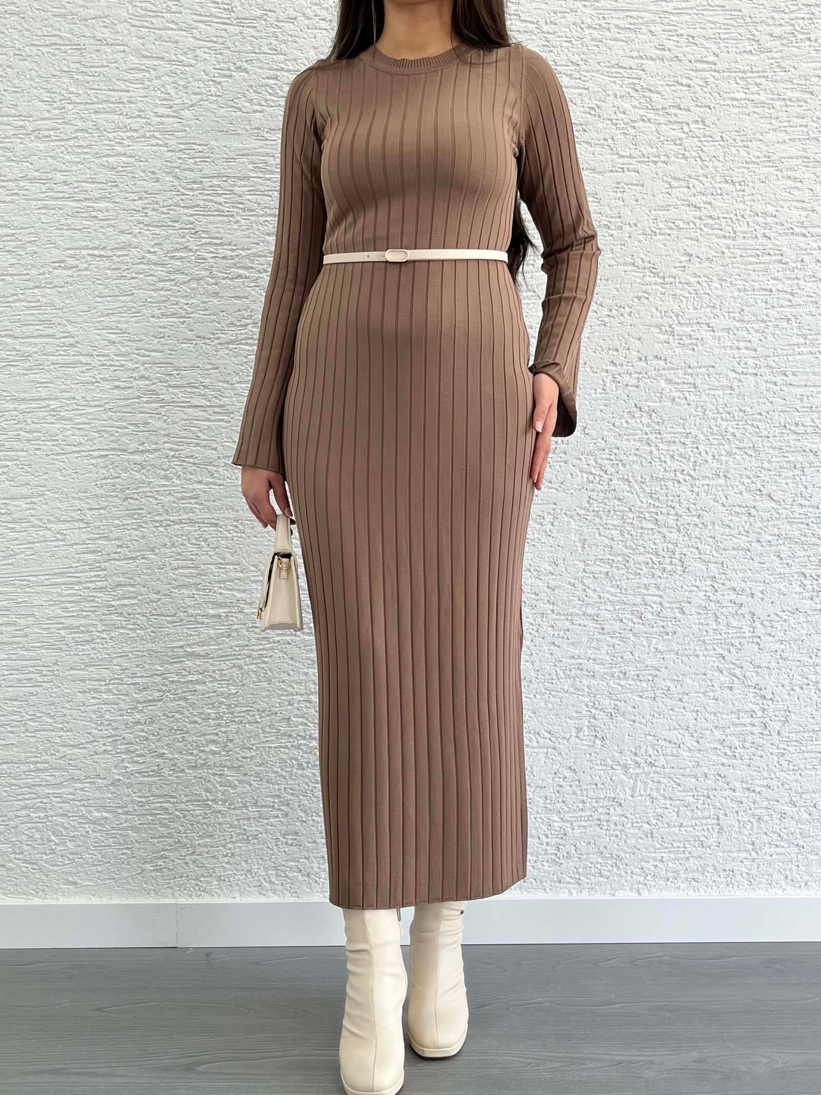 Kahve Fitilli Triko Elbise