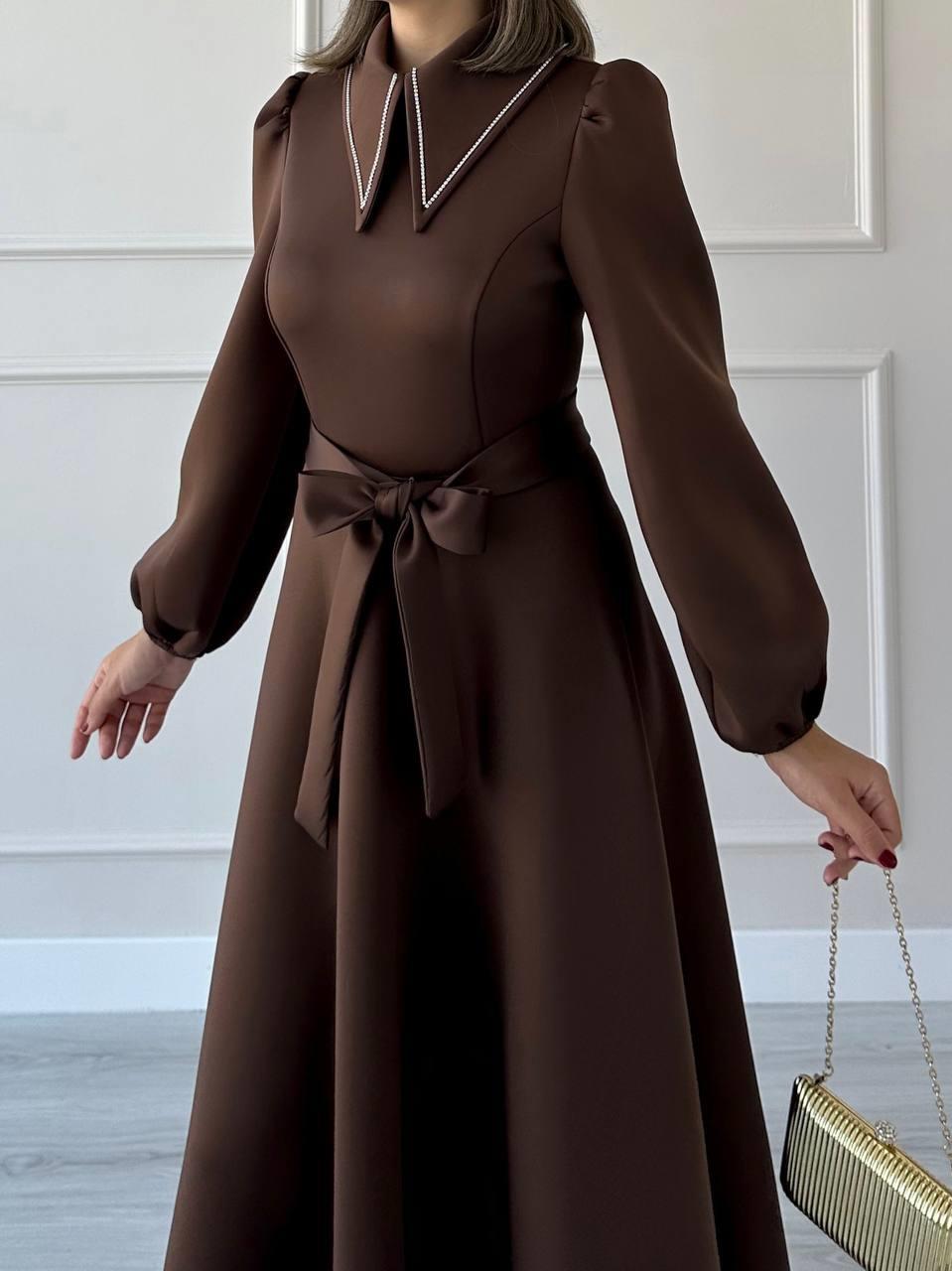 Kahve Gömlek Yaka Linda Elbise