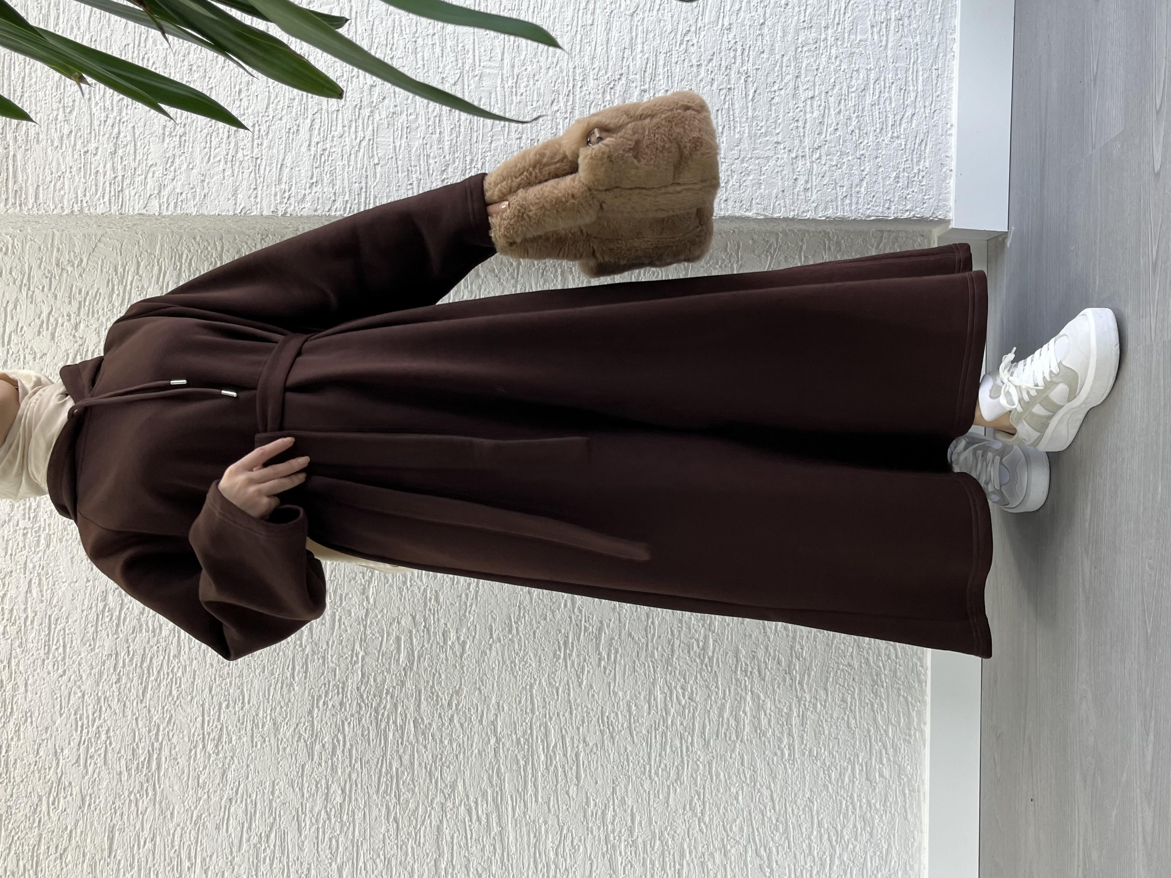 Kahve Kapşonlu Oversize Sweat Elbise