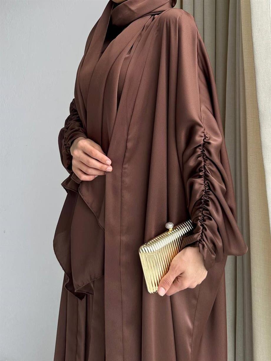 Kahve Kol Büzgü Abaya Takım 