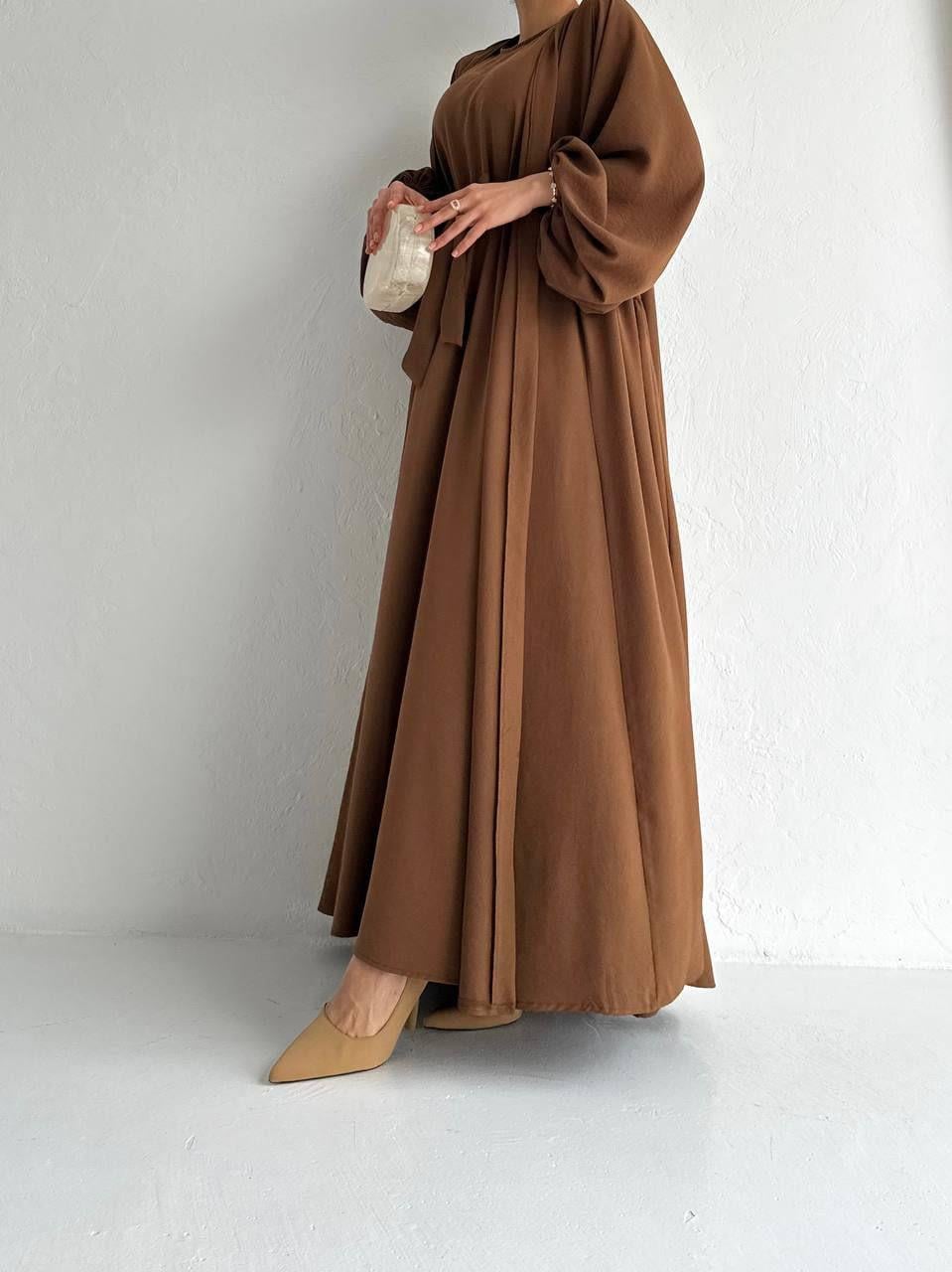Kahve Yanları Büzgülü Abaya Takım