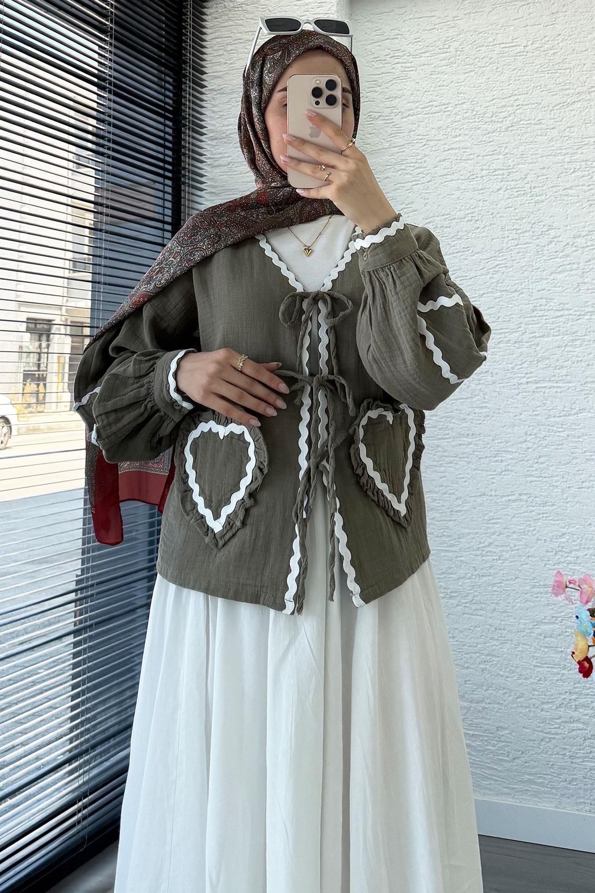 Kalp Form Dikişli Müslin Bağlamalı Kimono -Haki