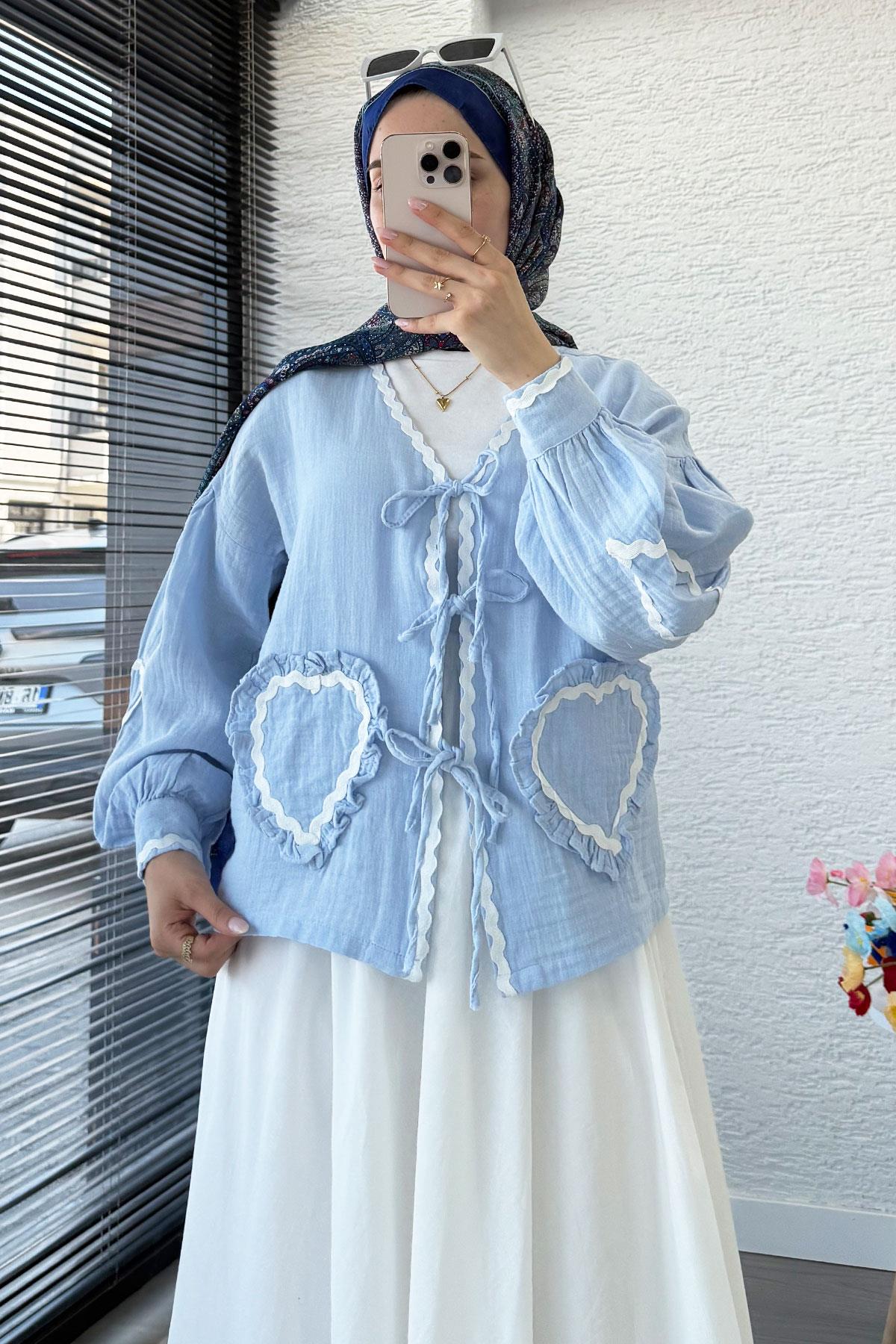 Kalp Form Dikişli Müslin Bağlamalı Kimono -Mavi
