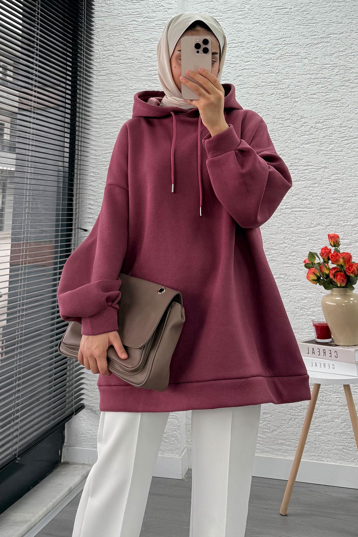 Kapüşonlu Oversize Kadın Sweatshirt - Gülkurusu