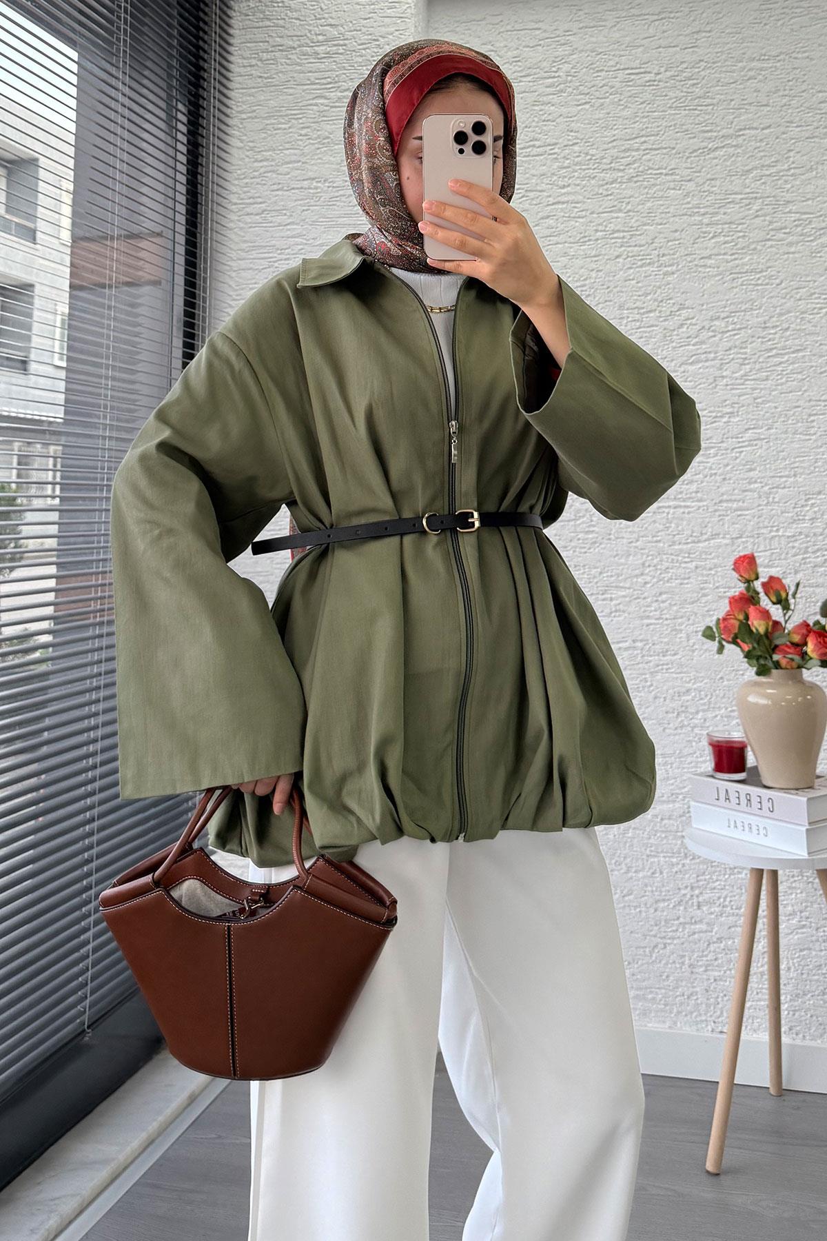 Kemerli Gabardin Kadın Bomber Ceket – Haki