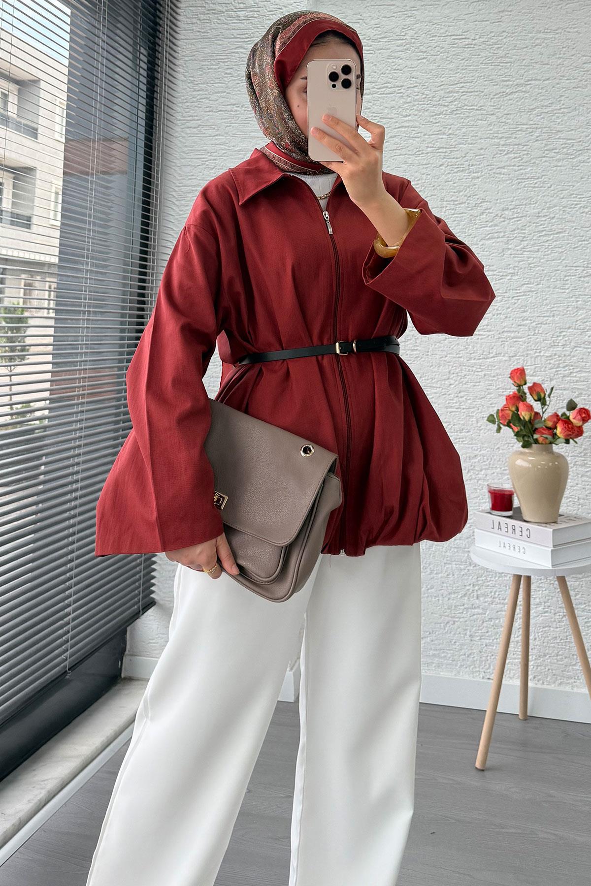Kemerli Gabardin Kadın Bomber Ceket – Kiremit
