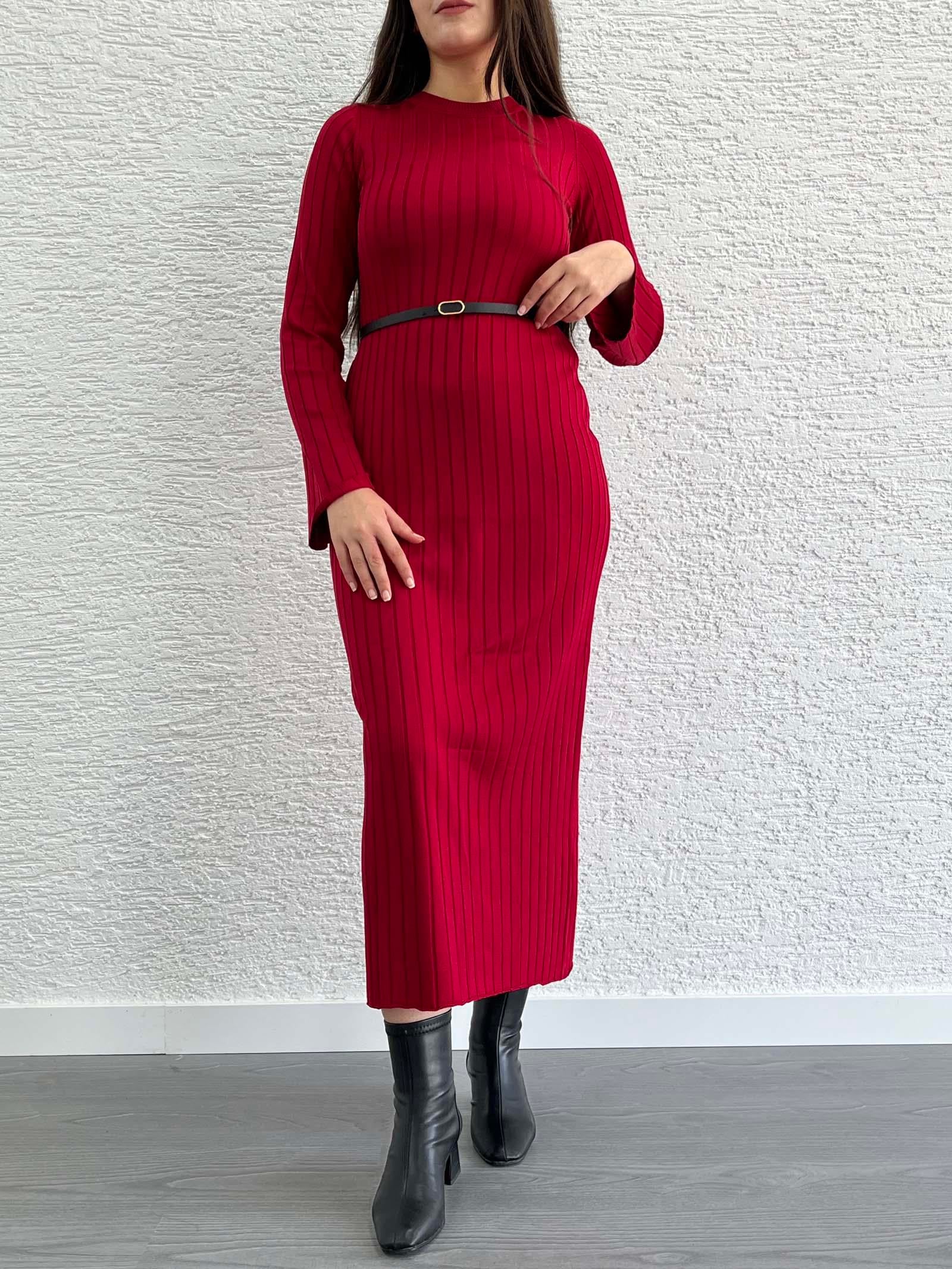 Kırmızı Fitilli Triko Elbise