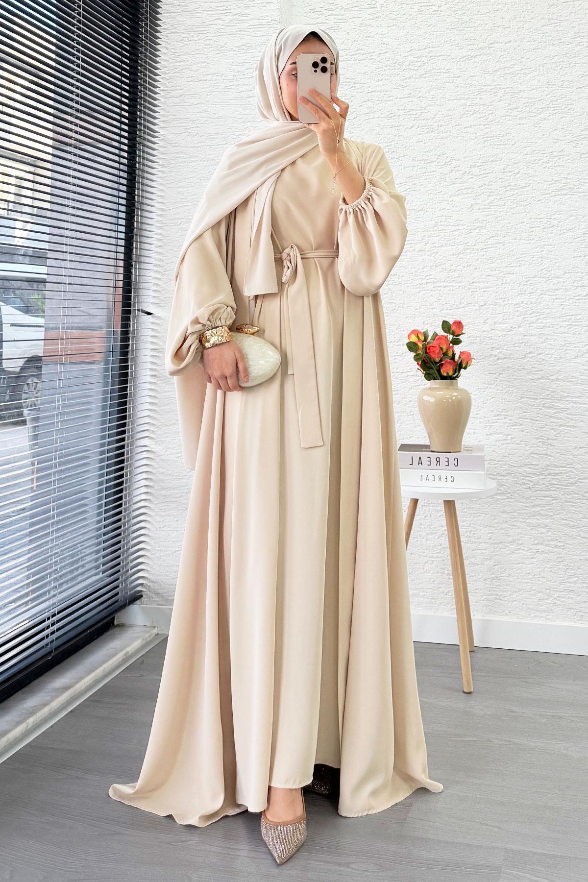 Kolu Lastikli İkili Abaya Takım – Krem