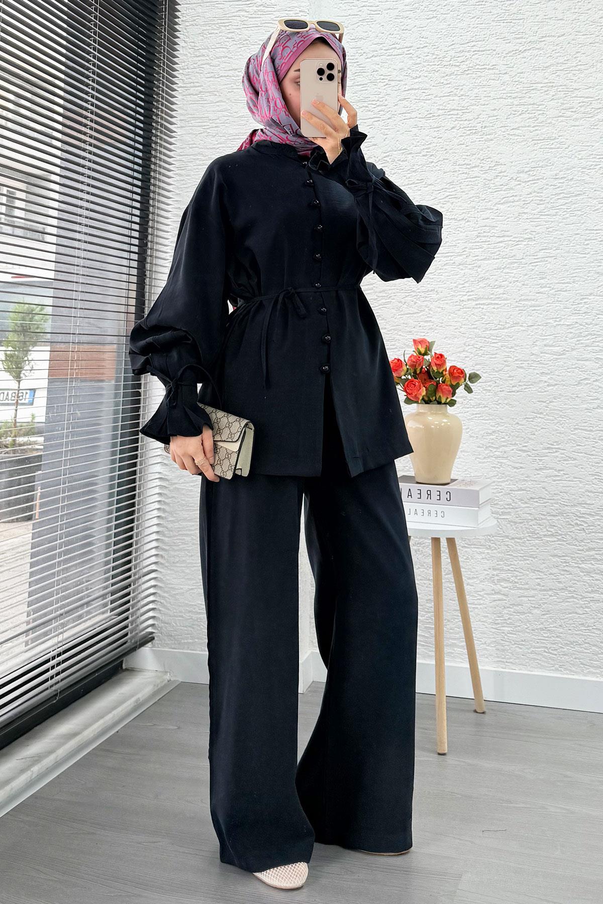 Kolu Pileli Önden Düğmeli Kadın İkili Takım - Lacivert