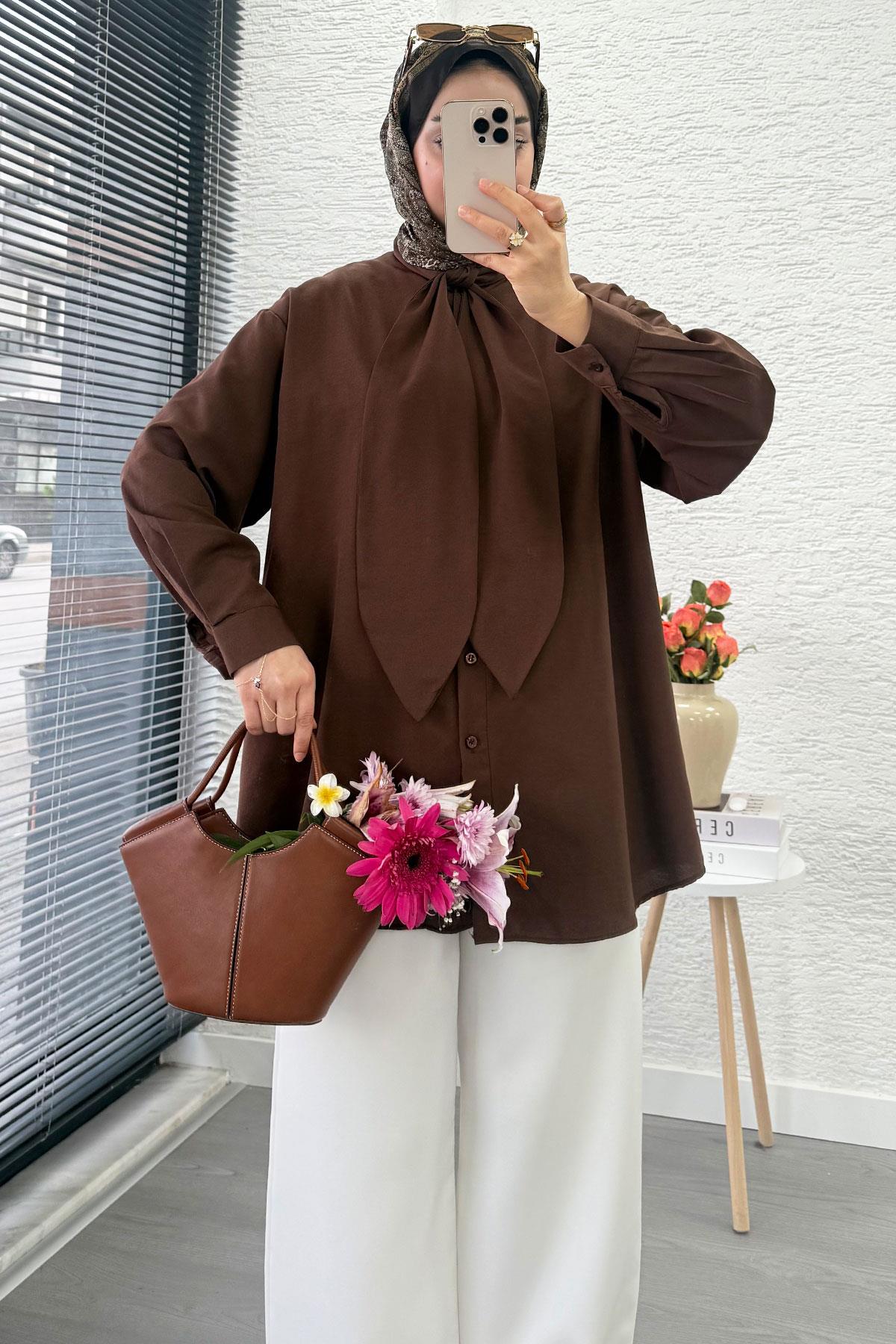 Kravat Yaka Oversize Kadın Gömlek Tunik – Kahverengi