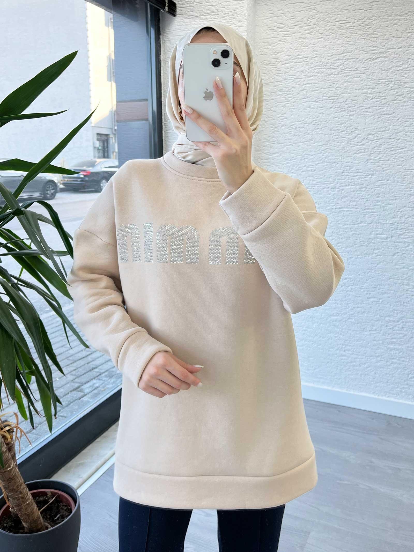 Krem Kadın Jardonlu Sweatshirt
