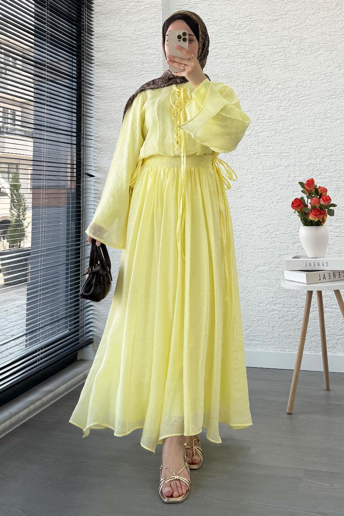 Leona Örgü Yaka Detaylı Vual Takım - Sarı