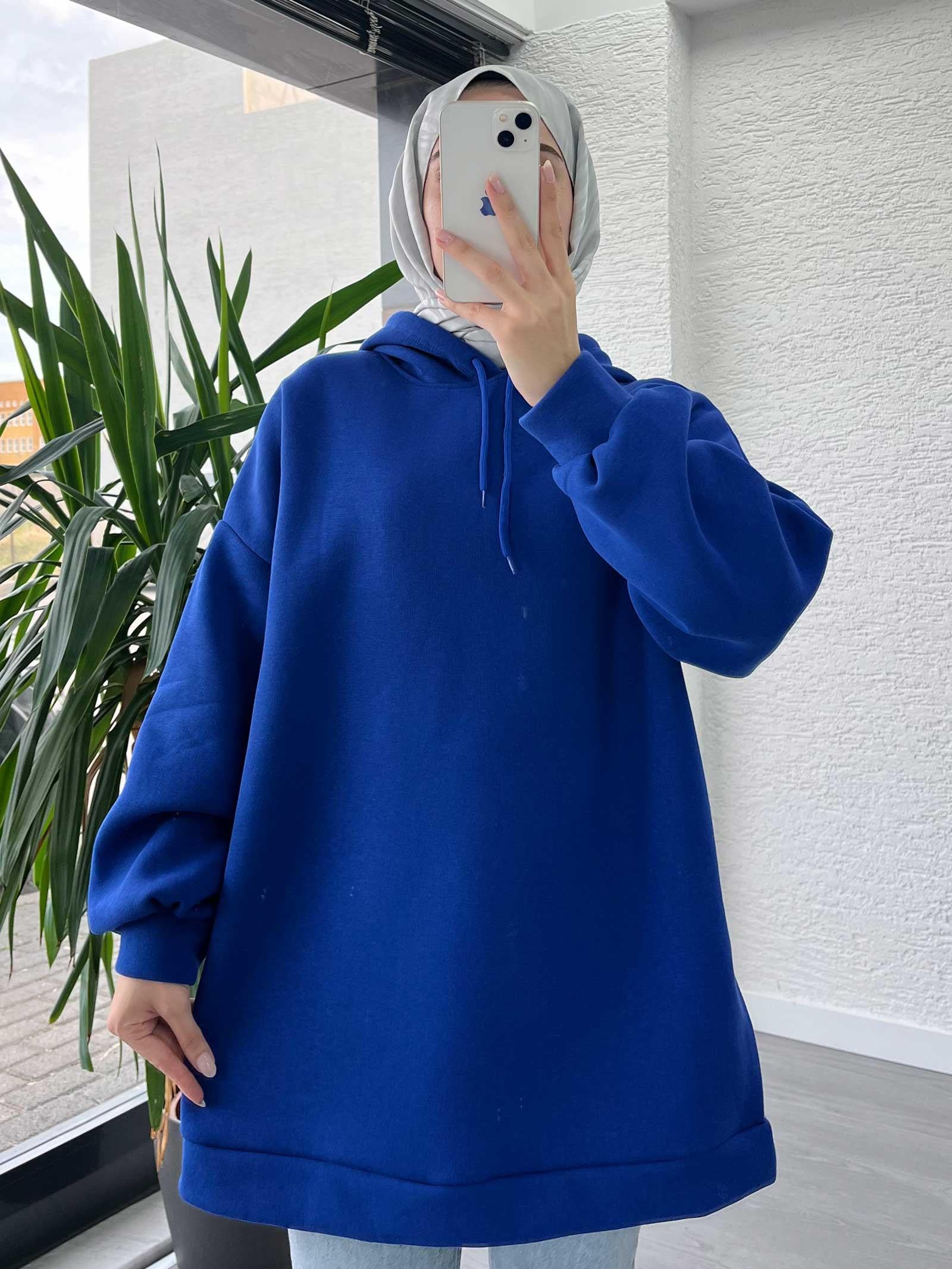 Mavi Oversize Kapüşonlu Sweat