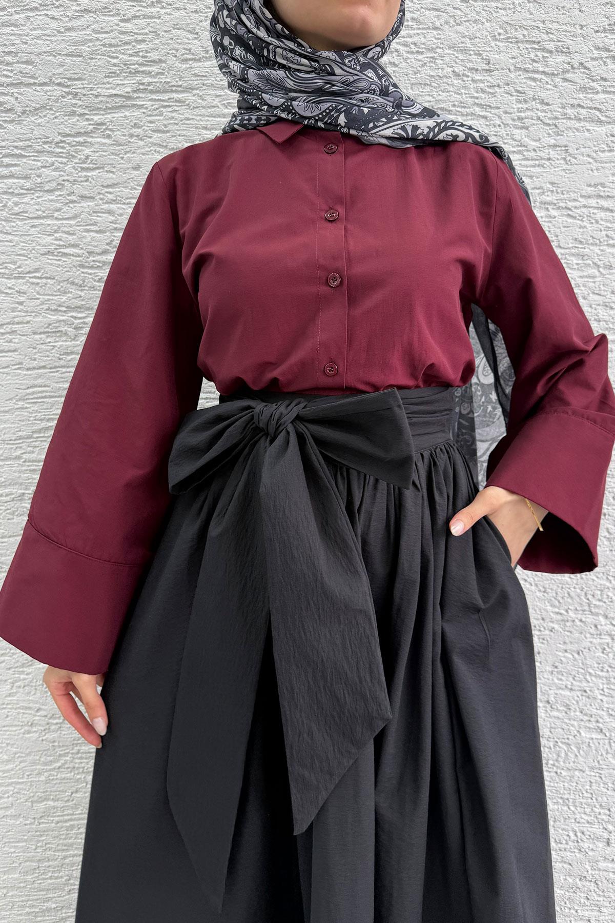 Minimalist Oversize Yarasa Kol Poplin Kadın Gömlek - Bordo