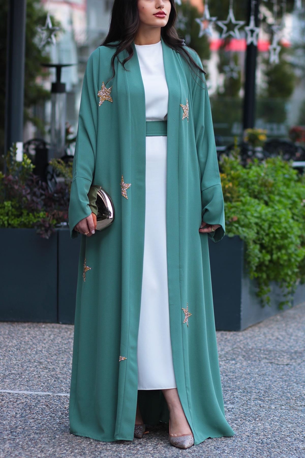 Mint Yıldız Detaylı Abaya 