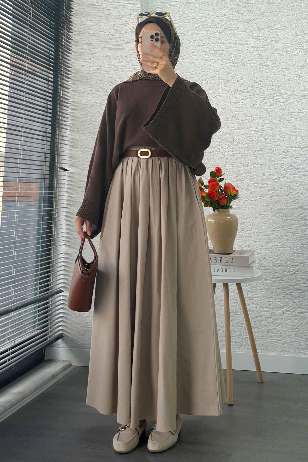 Nervür Detaylı Cepli Poplin Etek – Taş