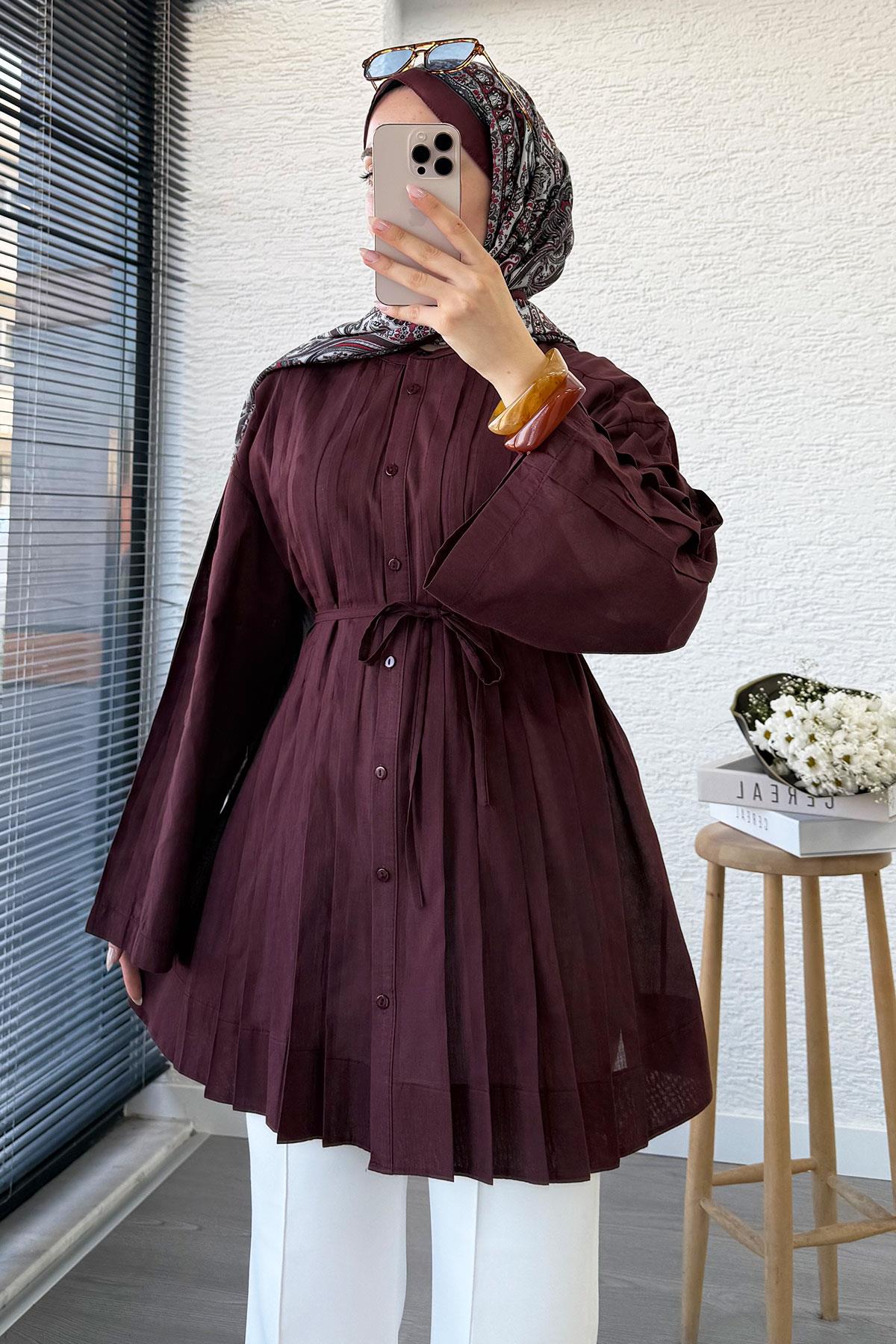 Nervürlü Geniş Kollu Vual Tunik - Bordo