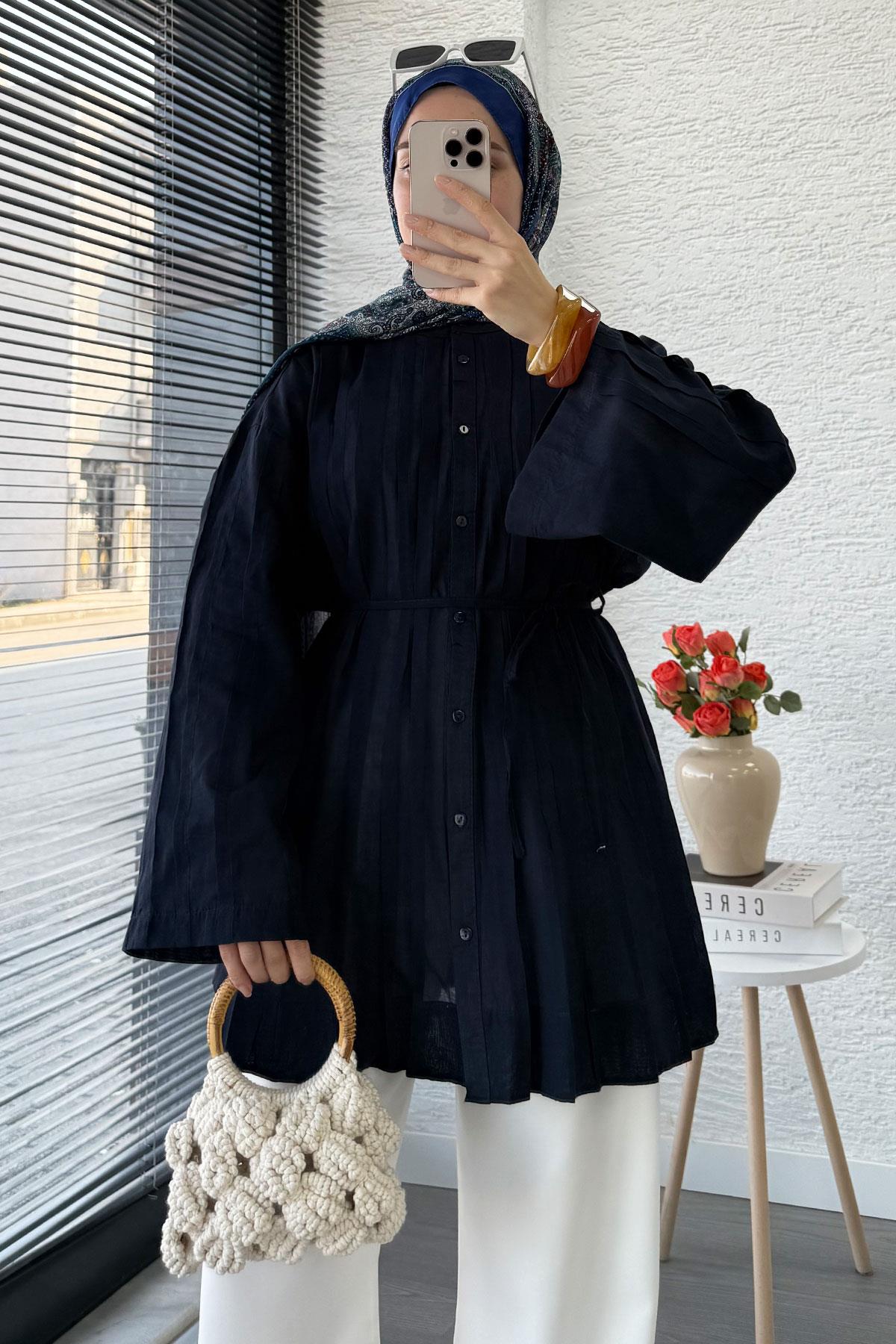 Nervürlü Geniş Kollu Vual Tunik - Lacivert