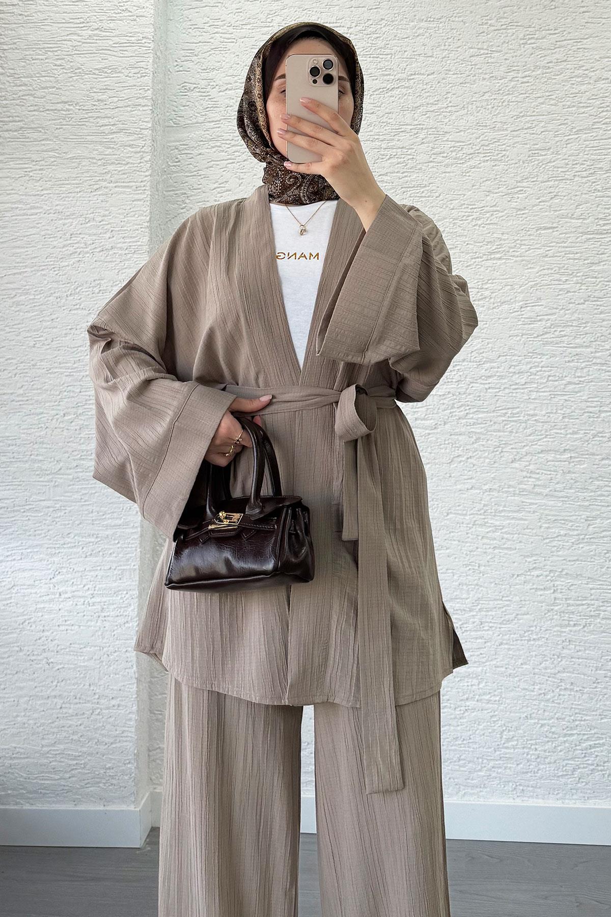 Nihan Kimono Pantolon Takım-Vizon