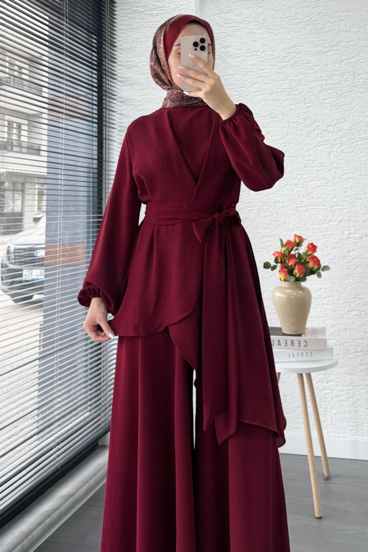 Nora Asimetrik Pantolonlu Takım – Bordo