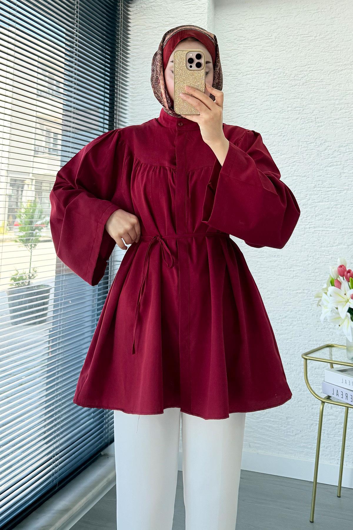 Ön Arka Büzgü Detaylı Volan Kol Poplin Tunik – Bordo