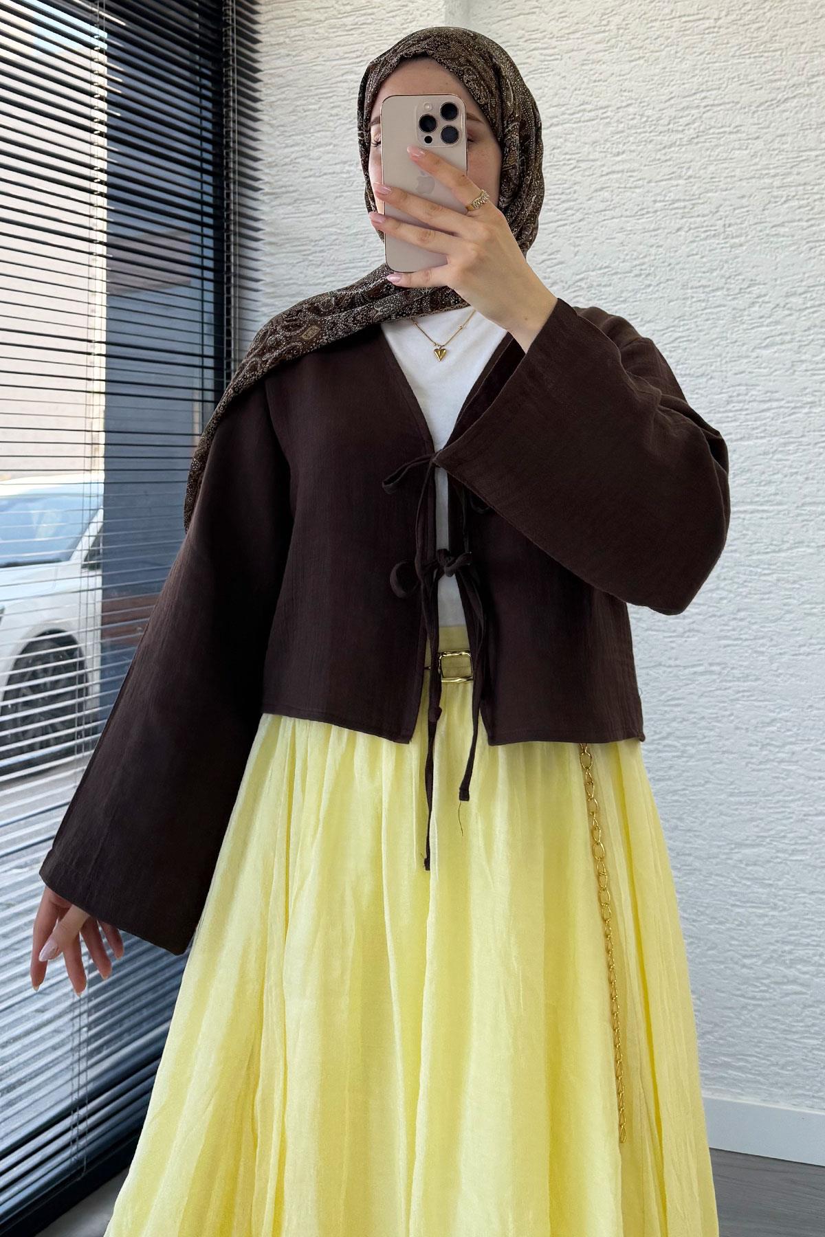 Önden Bağlamalı Kısa Müslin Kimono - Kahverengi
