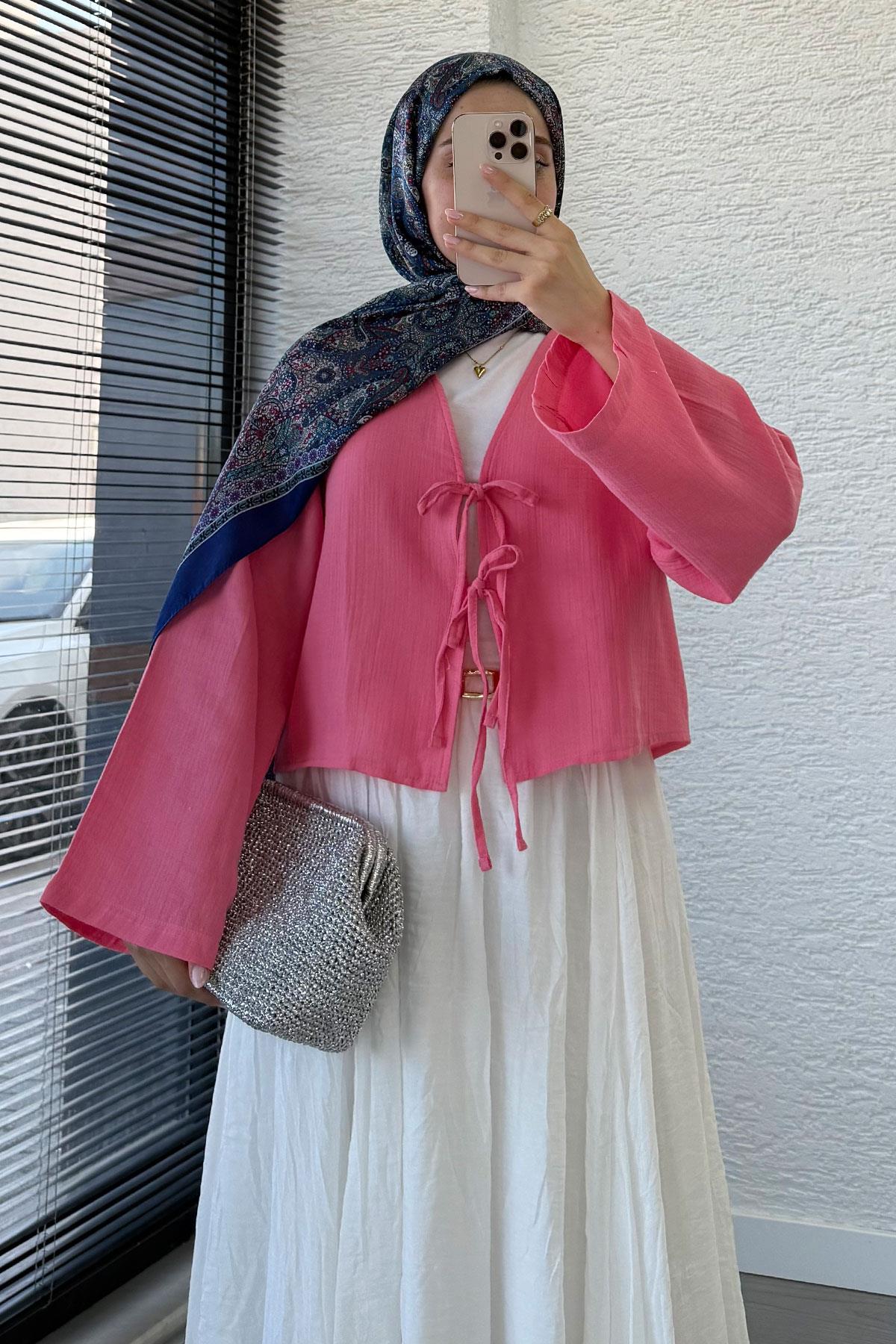 Önden Bağlamalı Kısa Müslin Kimono - Pembe