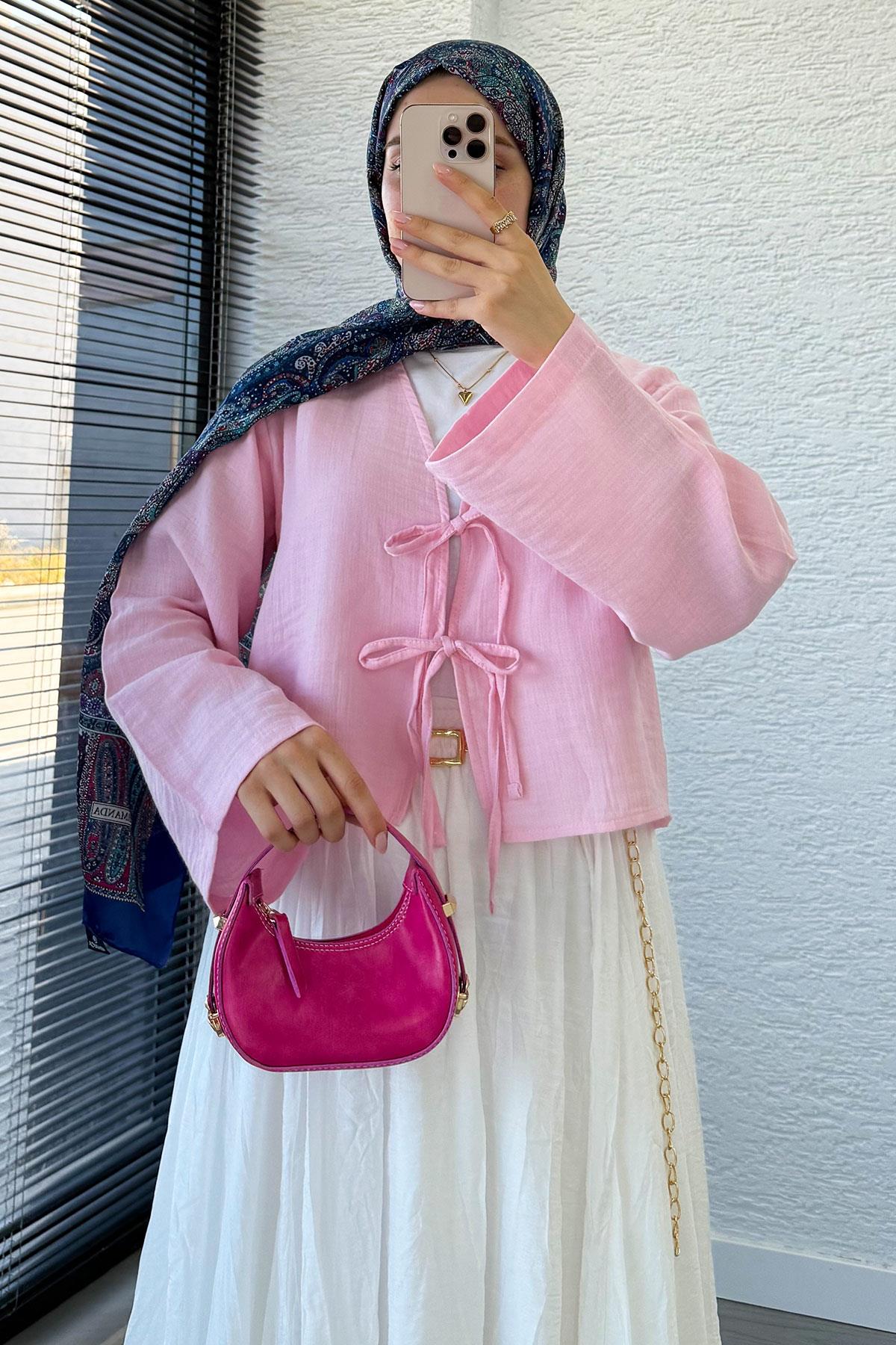 Önden Bağlamalı Kısa Müslin Kimono - Toz Pembe