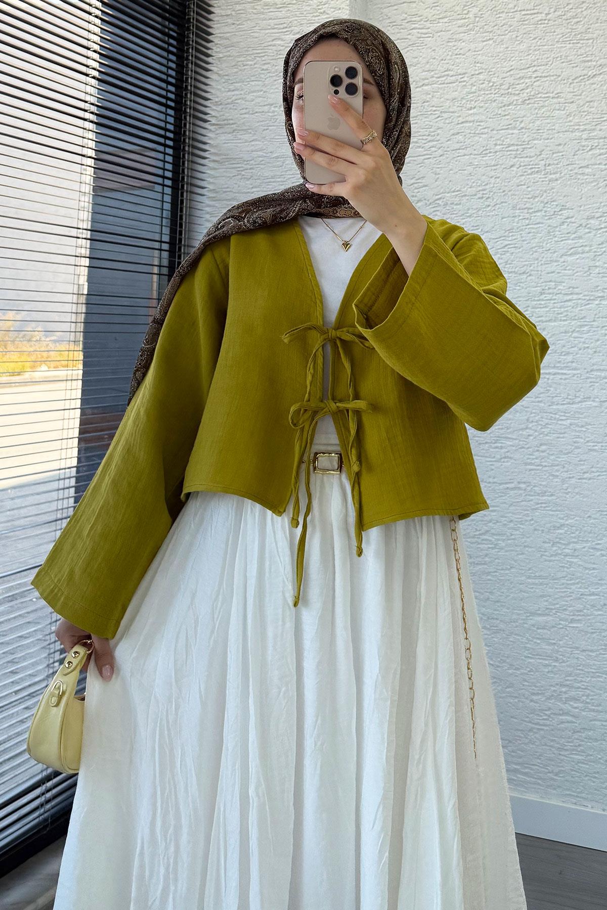 Önden Bağlamalı Kısa Müslin Kimono - Yağ Yeşili
