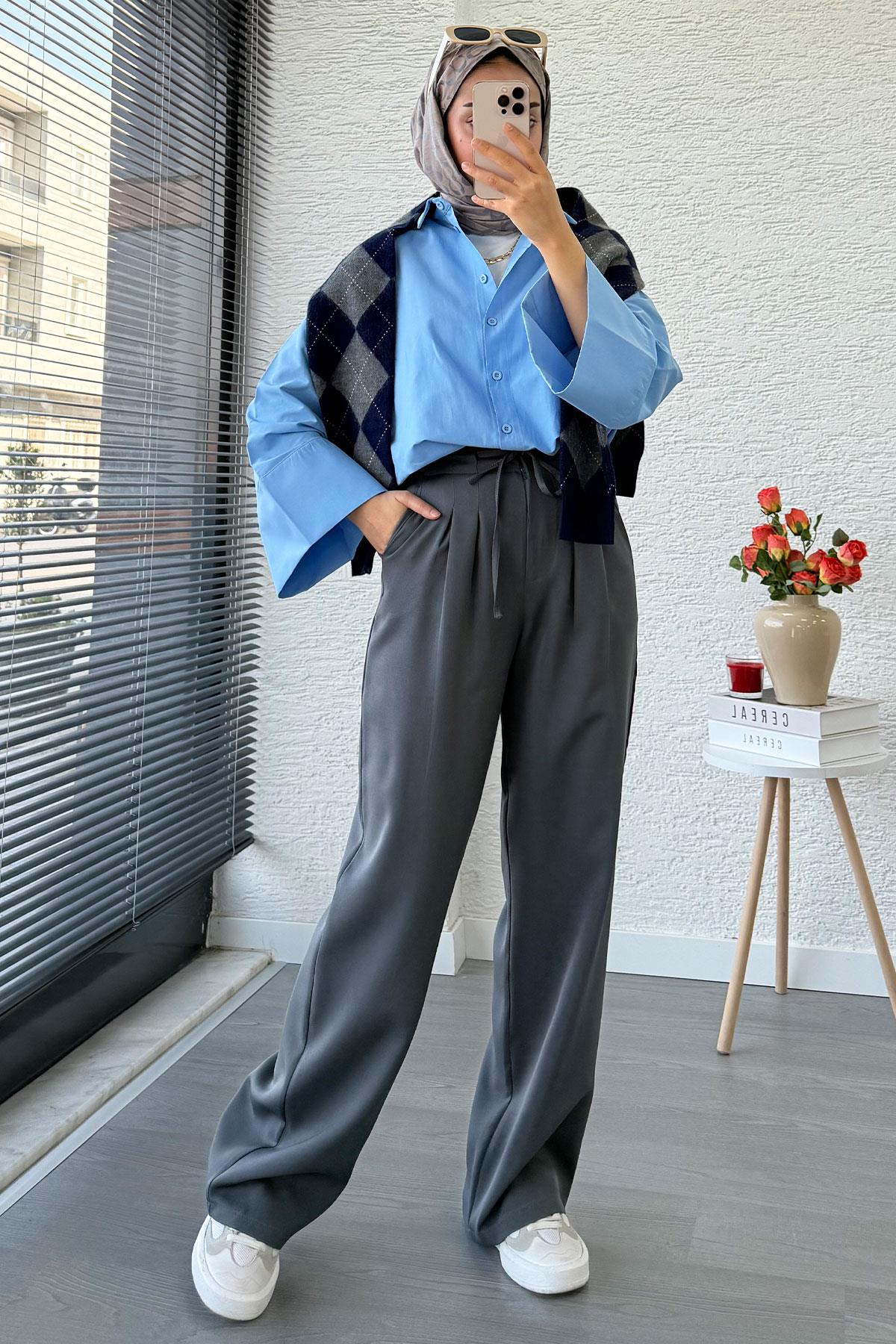 Önü Bağcıklı Yüksek Bel Palazzo Pantolon – Füme