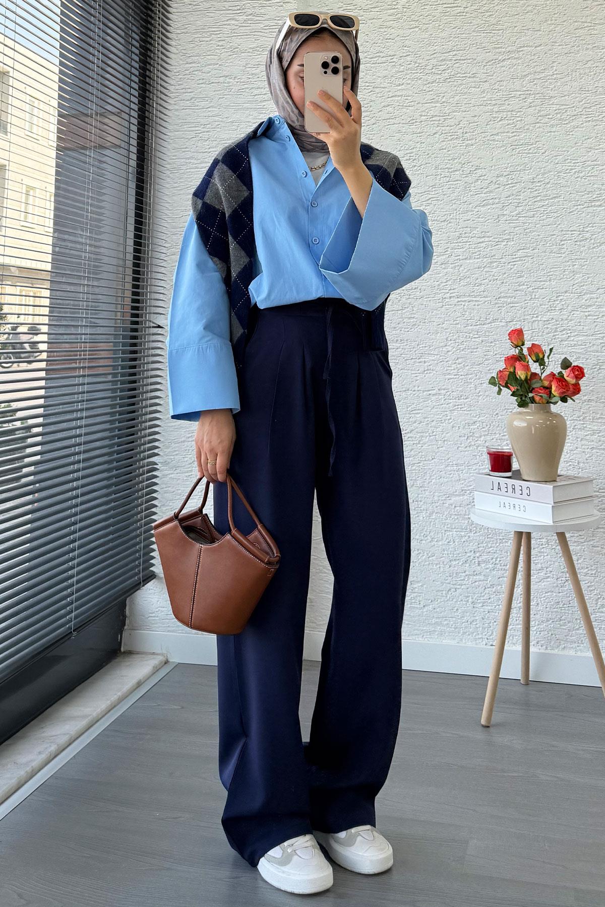 Önü Bağcıklı Yüksek Bel Palazzo Pantolon – Lacivert