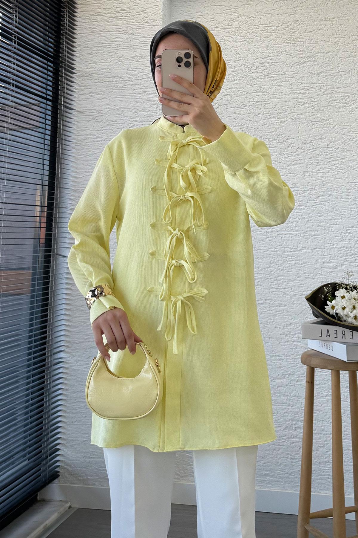 Önü Bağlama Detaylı Gofre Tunik - Sarı