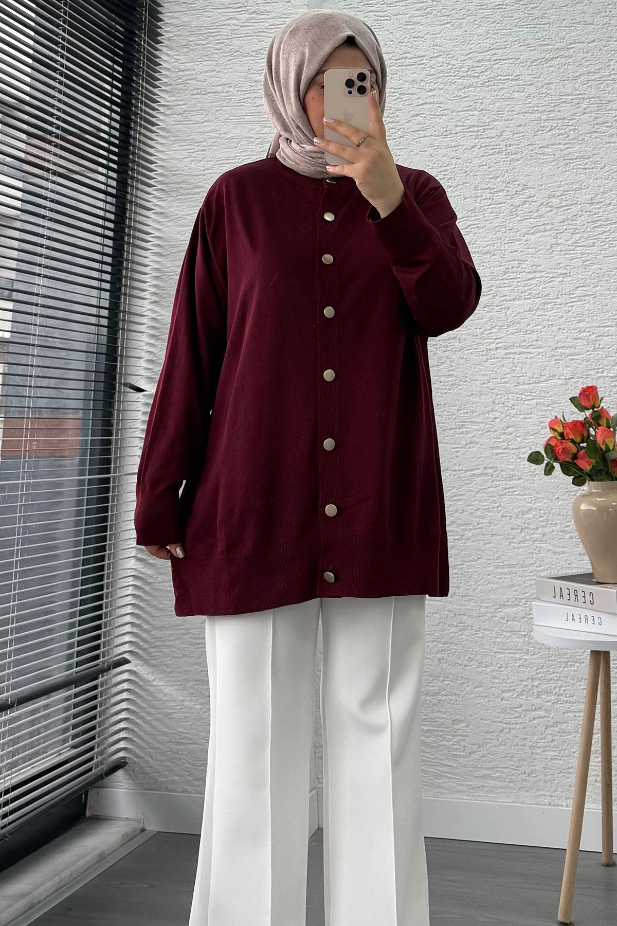 Önü Boydan Düğmeli Merserize Kadın Tunik – Bordo