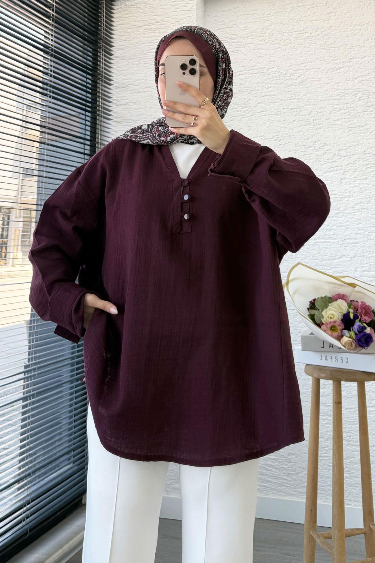 Önü Düğme Detaylı Müslin Tunik - Mürdüm