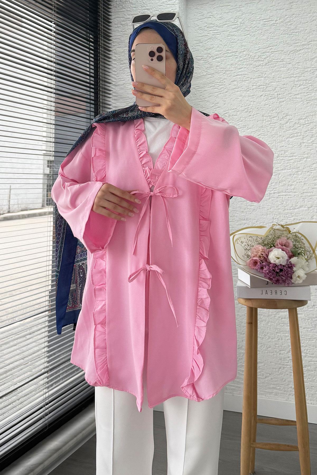 Önü Fırfır Detaylı Poplin Kimono – Pembe