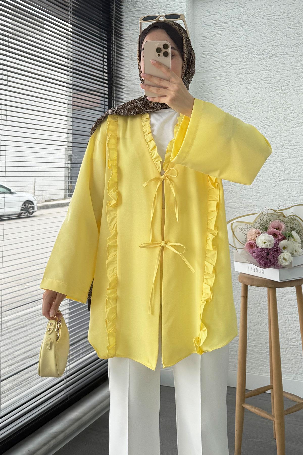 Önü Fırfır Detaylı Poplin Kimono – Sarı