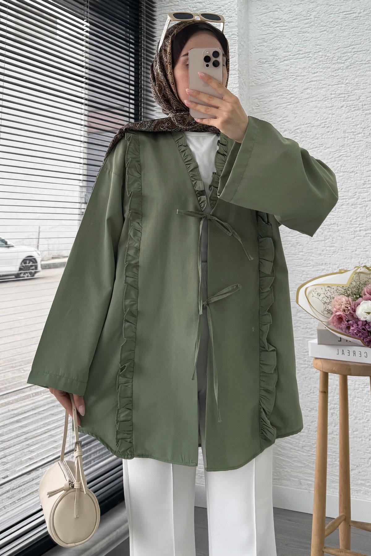 Önü Fırfır Detaylı Poplin Kimono – Yeşil