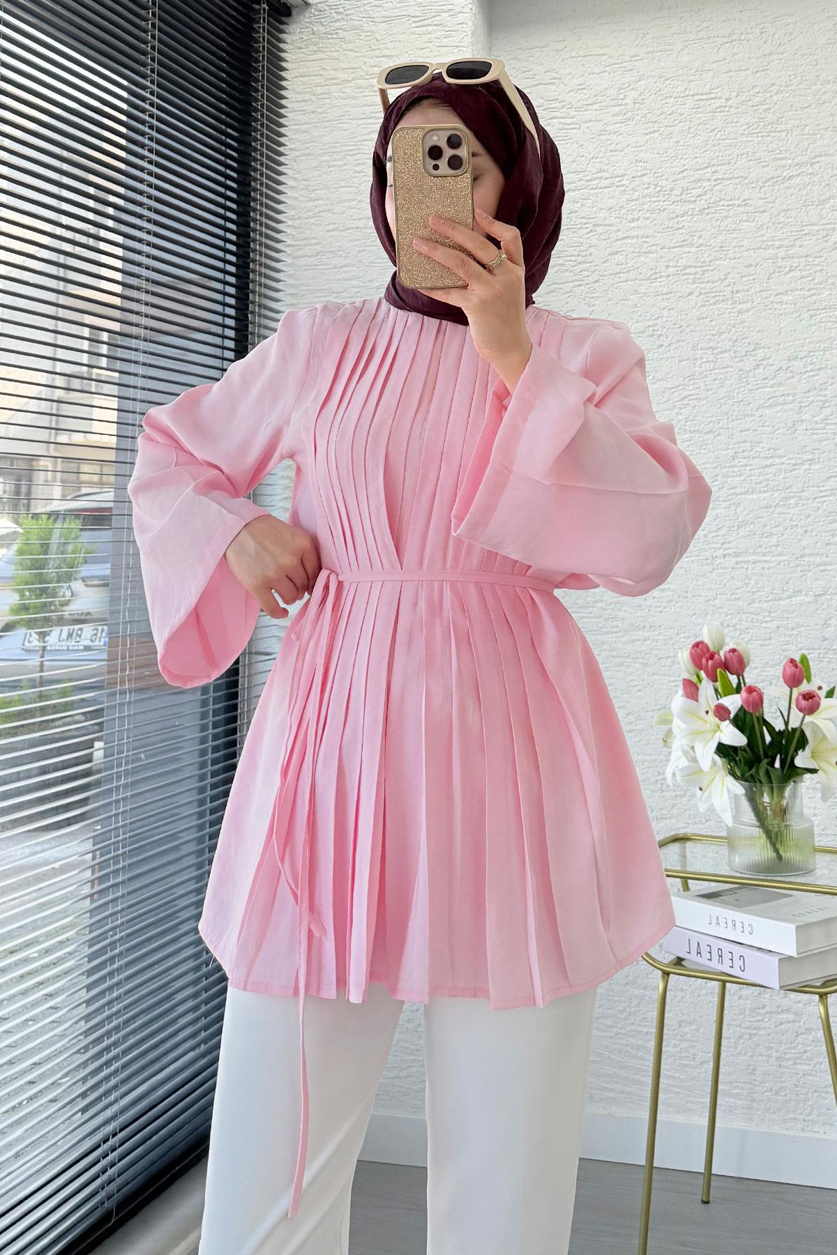 Önü Nervür Detaylı Volan Kol Tunik - Pembe