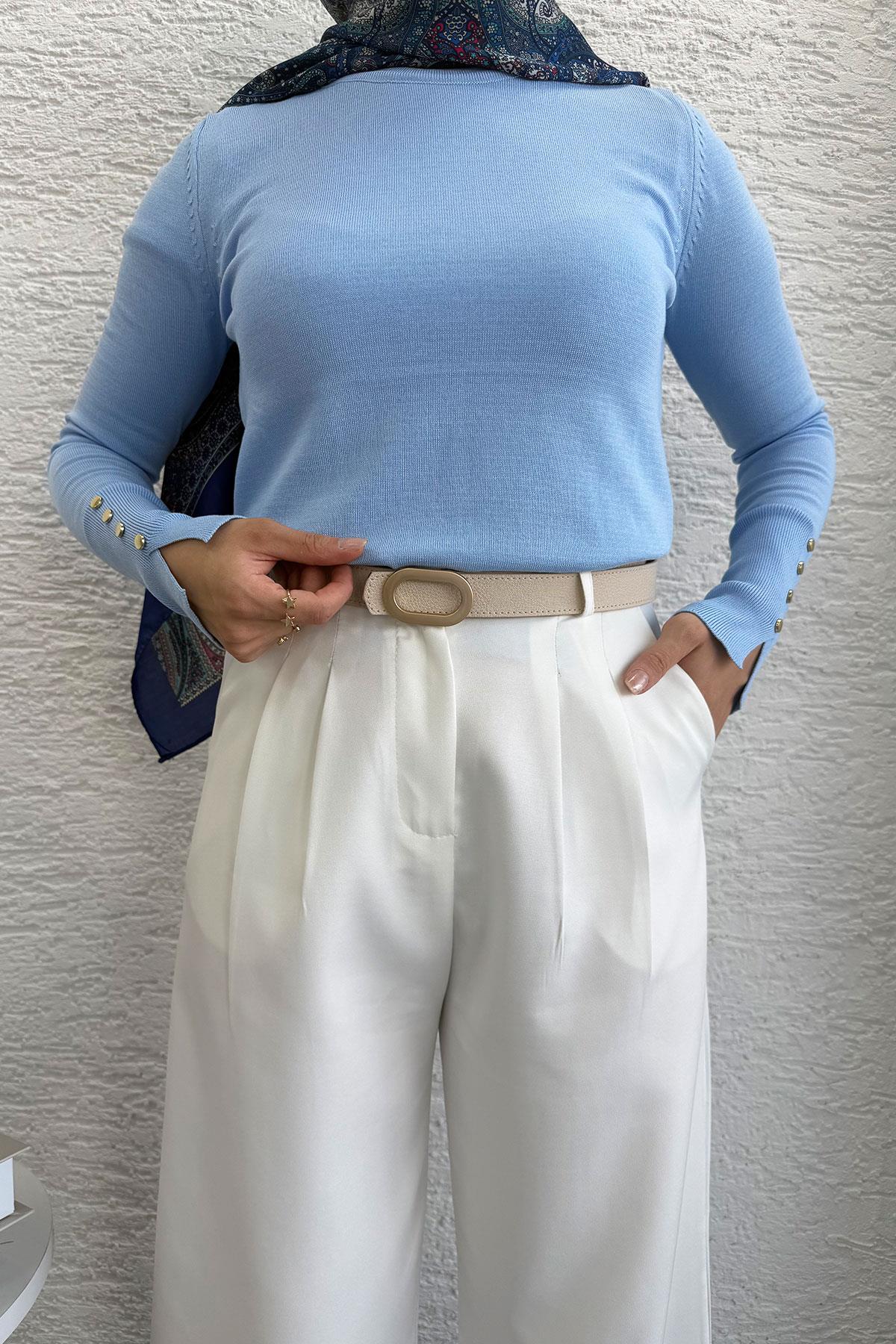 Önü Pile Detaylı Palazzo Kadın Pantolon - Beyaz