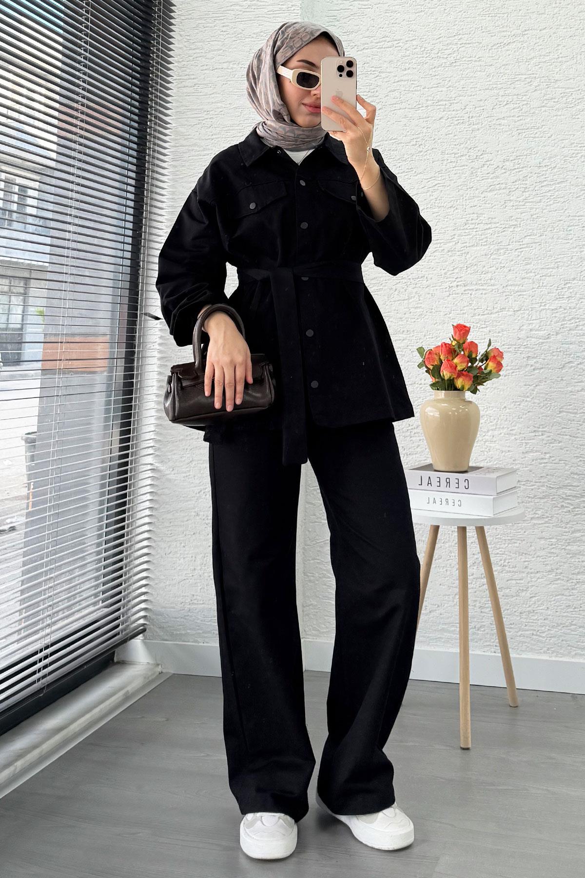 Önü Tam Düğmeli Gabardin İkili Takım – Siyah