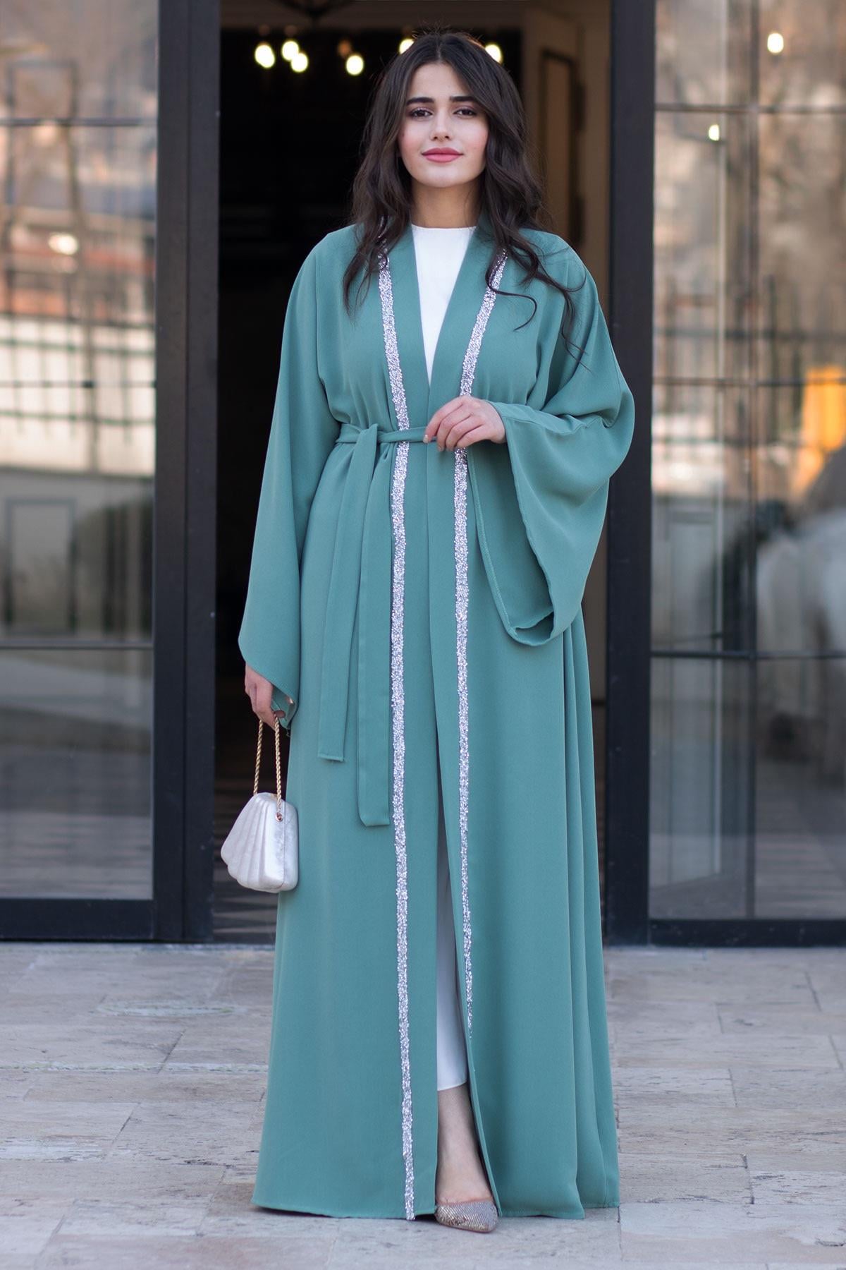 Önü Taş Şeritli Abaya-Mint