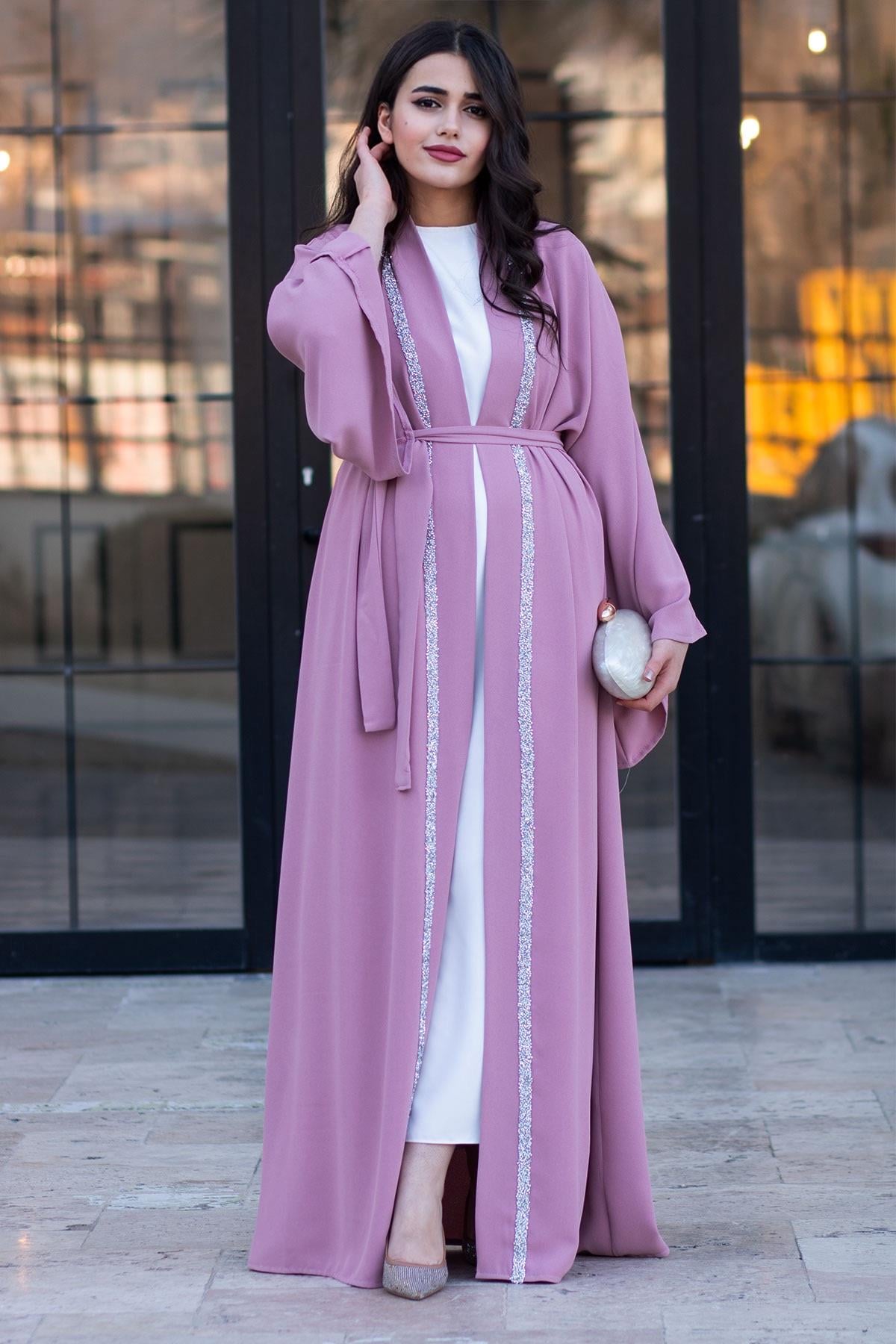 Önü Taş Şeritli Abaya-Pembe