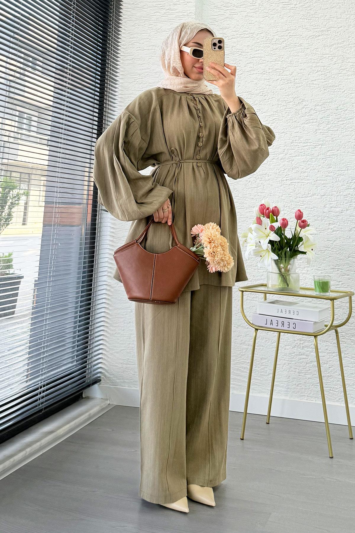 Oversize Birit Düğmeli Keten Pantolon Takım - Haki