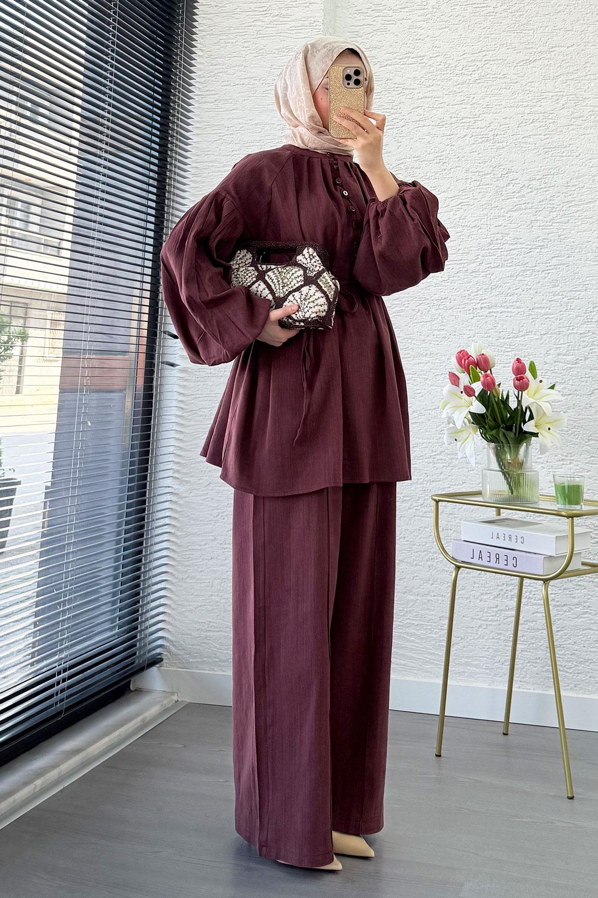 Oversize Birit Düğmeli Keten Pantolon Takım - Bordo