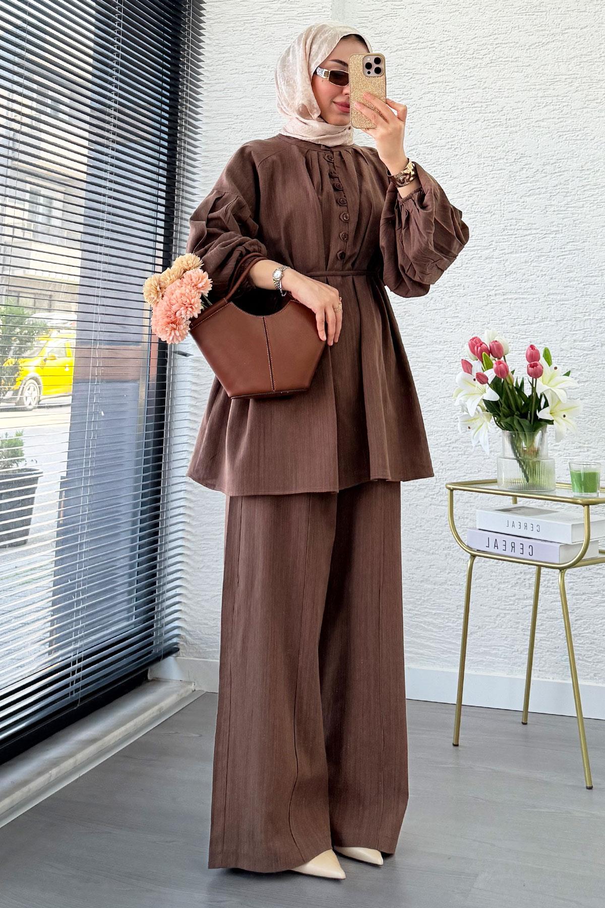 Oversize Birit Düğmeli Keten Pantolon Takım - Kahverengi