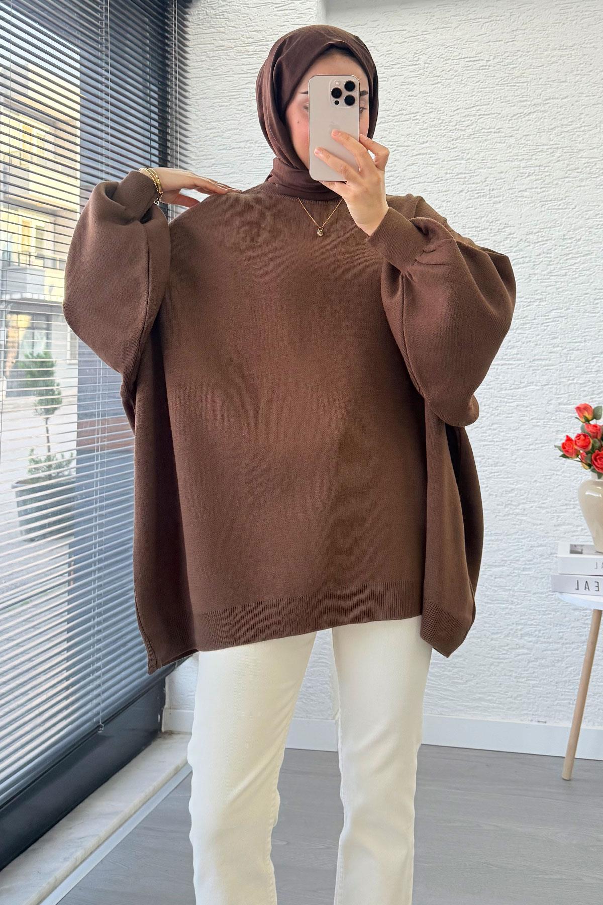 Oversize Kadın Triko Kazak – Kahverengi