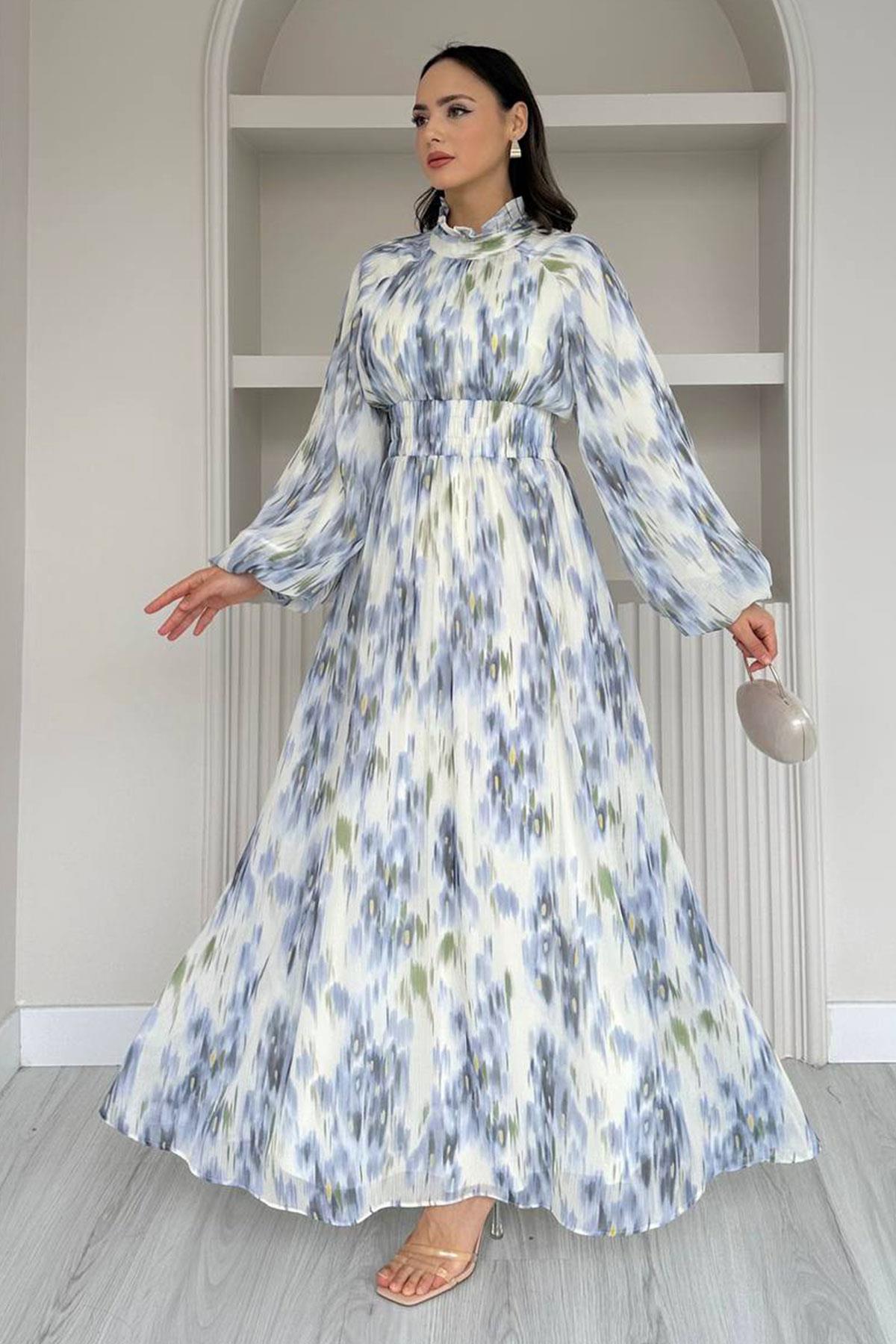 Pastel Desen Şifon Elbise-Mavi