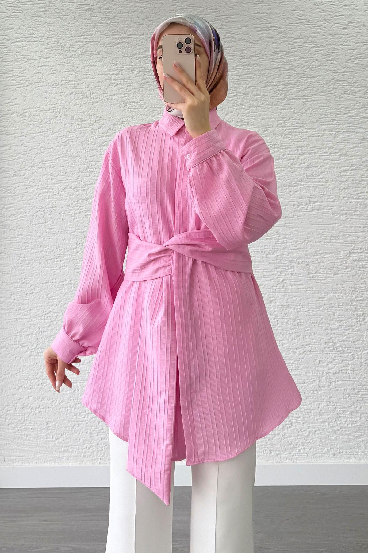 Pembe Bağlama Detaylı Asimetrik Kesim Tunik